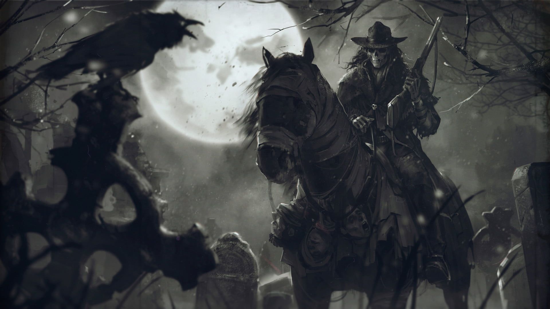 Cavaliere scheletro con corvo, luna, 1920x1079 Full HD 1080p, PC
