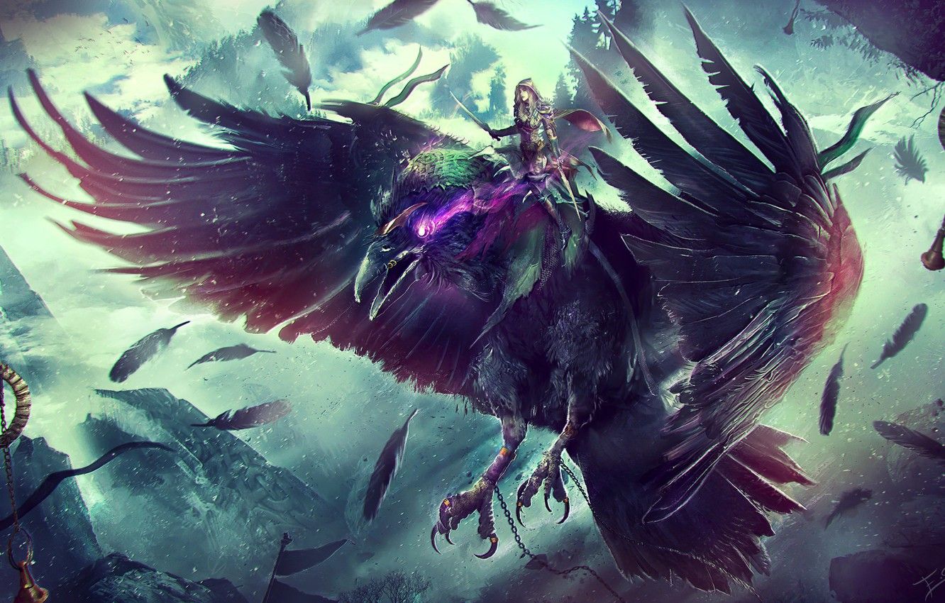 Corvo fantasy con figura misteriosa, 1332x850 720p, Laptop