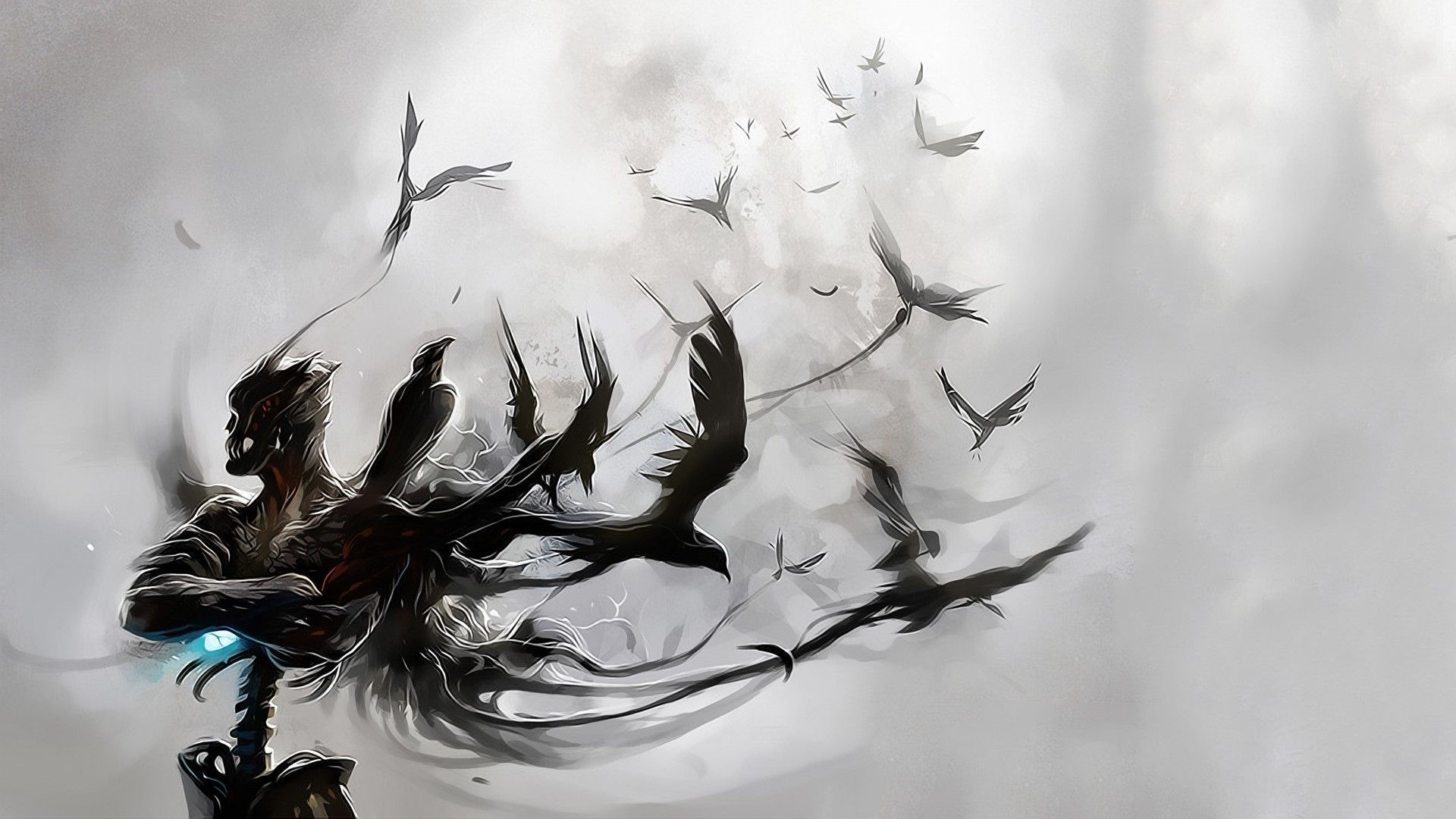 Arte con corvi e figura oscura, 1920x1080 Full HD, Desktop