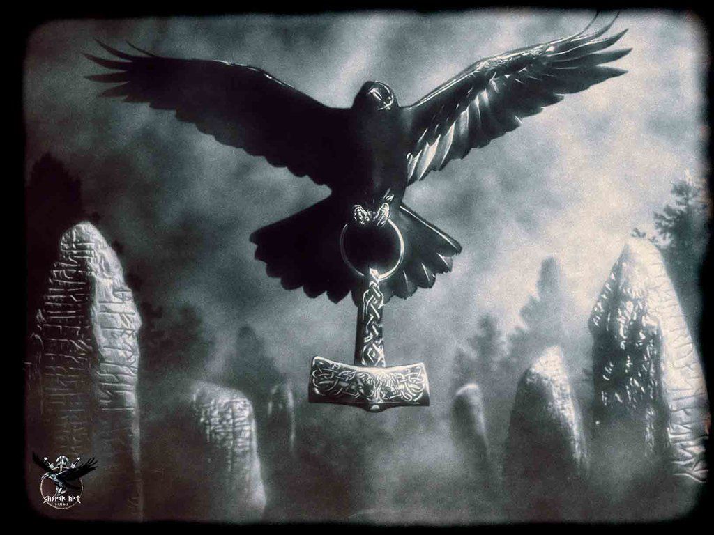 Corvo con martello runico tra pietre, 1024x768 HD, Desktop