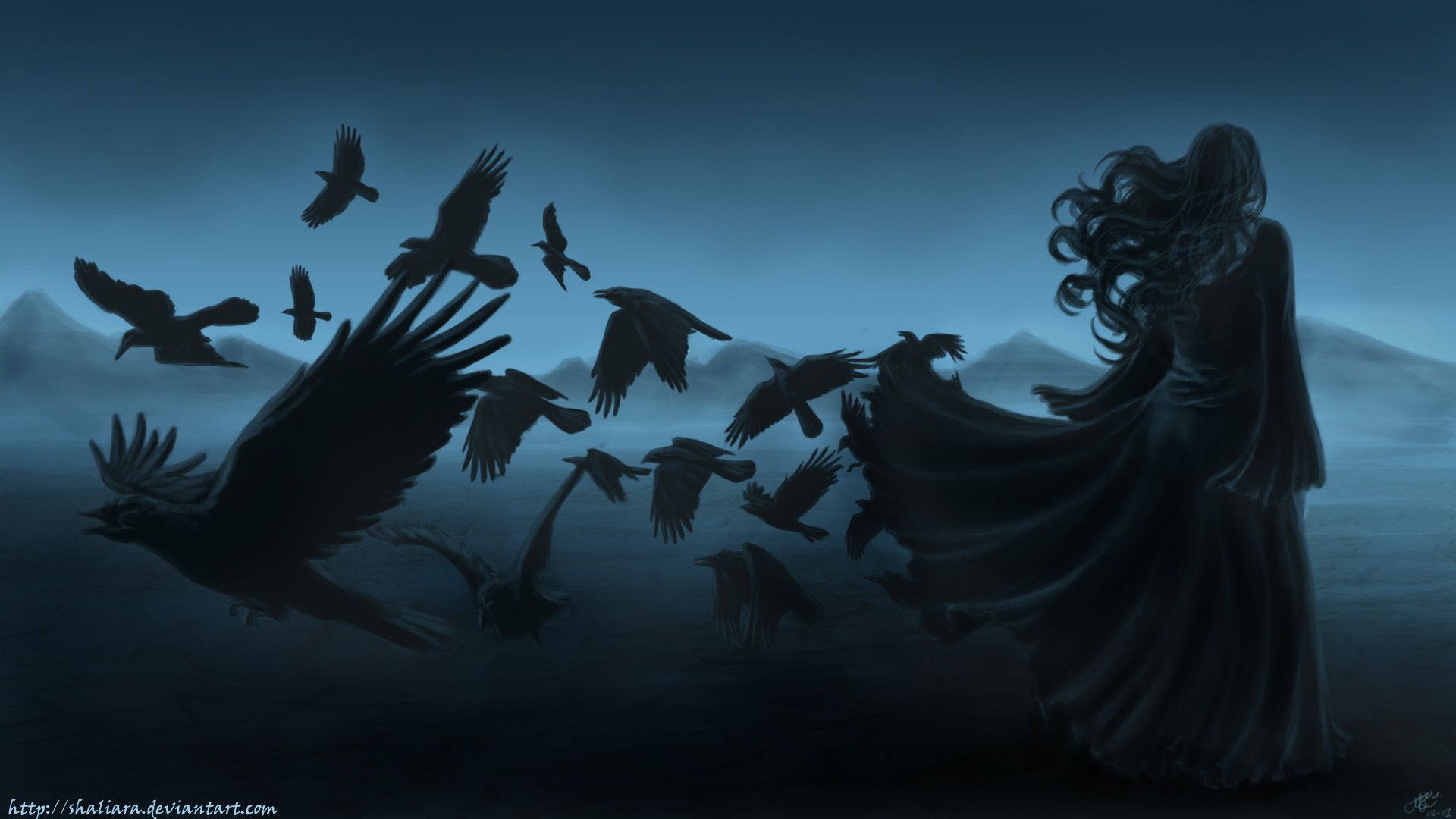 Figura gotica con stormo di corvi, 1920x1080 Full HD, Desktop