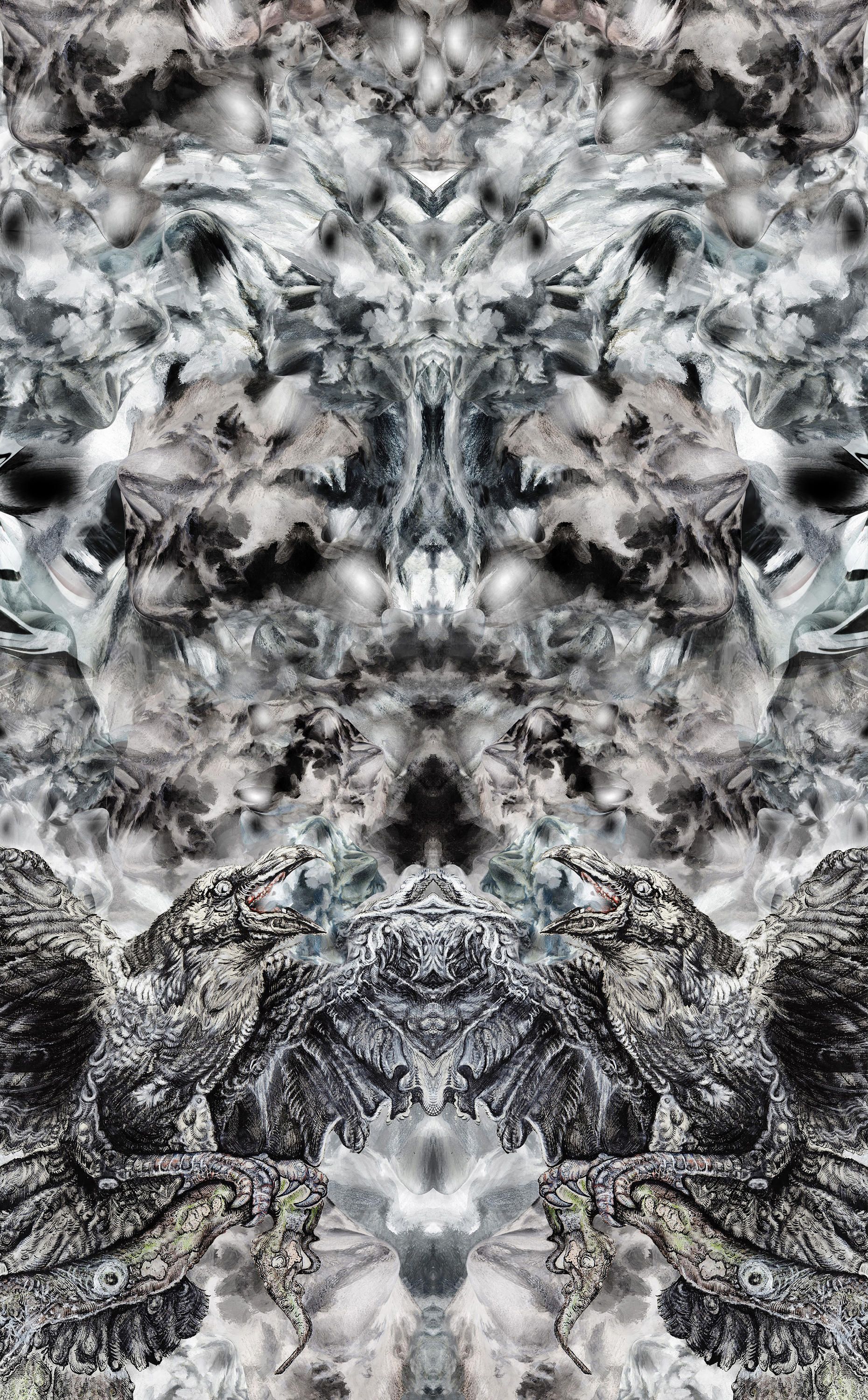 Corvi astratti simmetrici bianco nero, 1860x3000 Verticale, Mobile