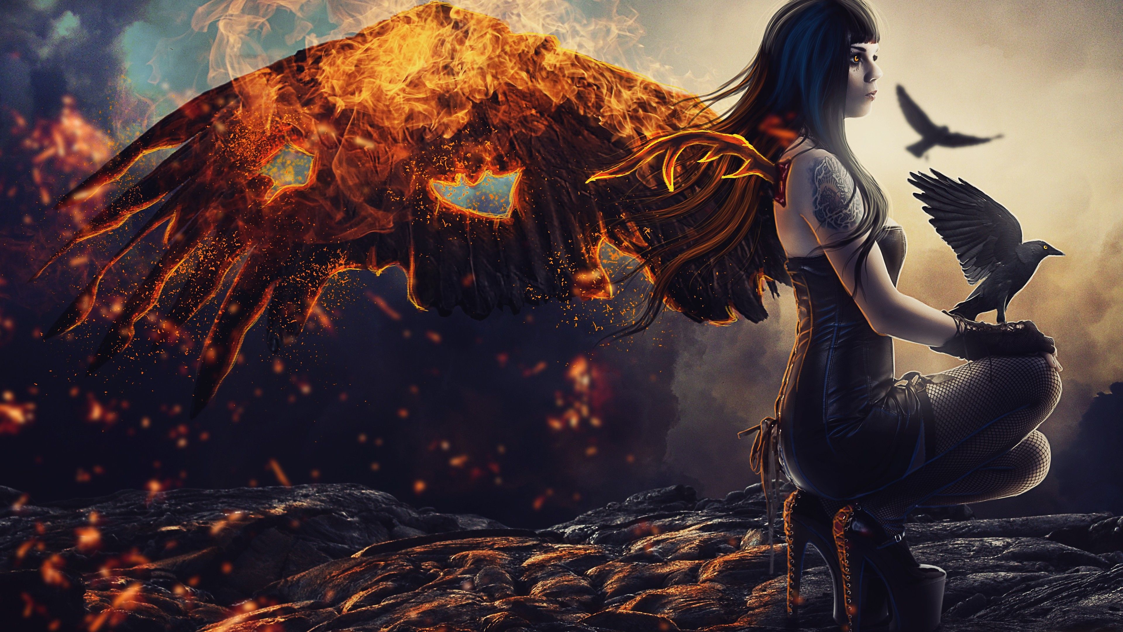 Ragazza con ali di fuoco e corvo, 3840x2160 Ultra HD, 4K TV