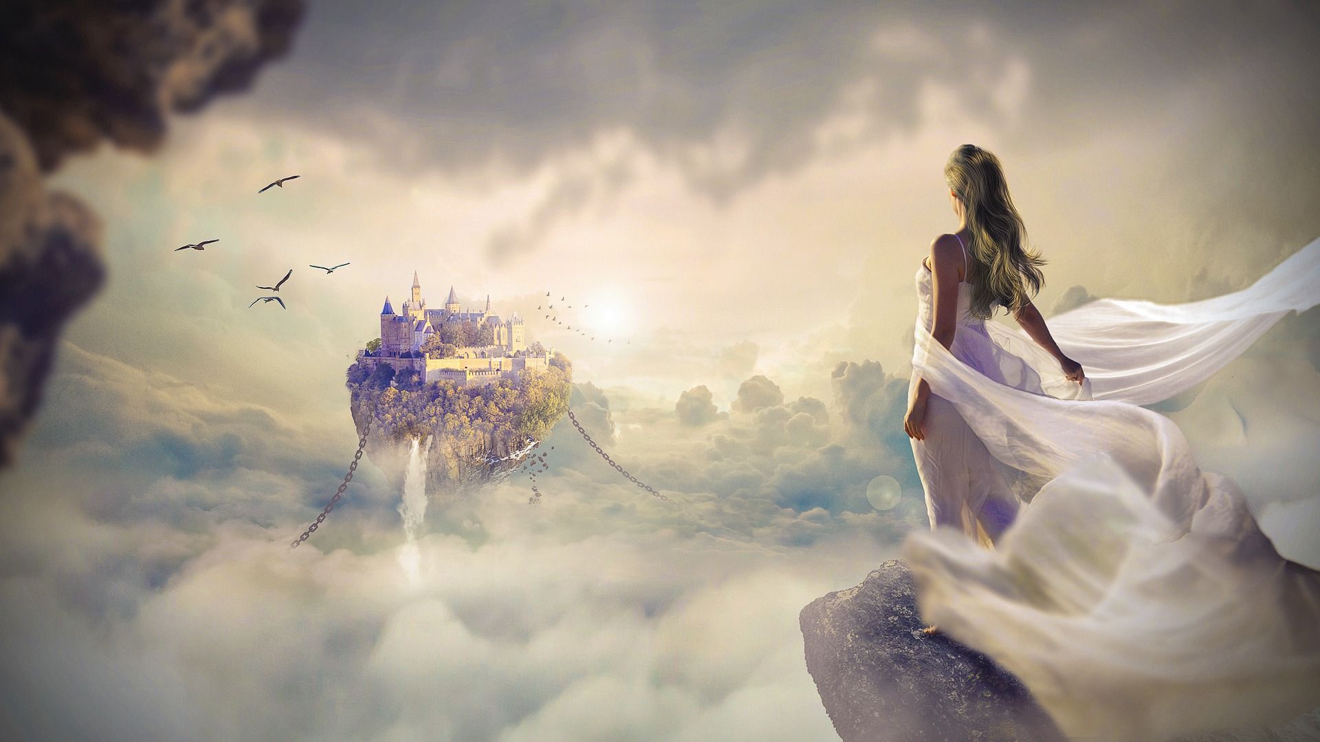 Donna castello fluttuante nuvole, 1920x1080 Full HD 1080p, PC Desktop