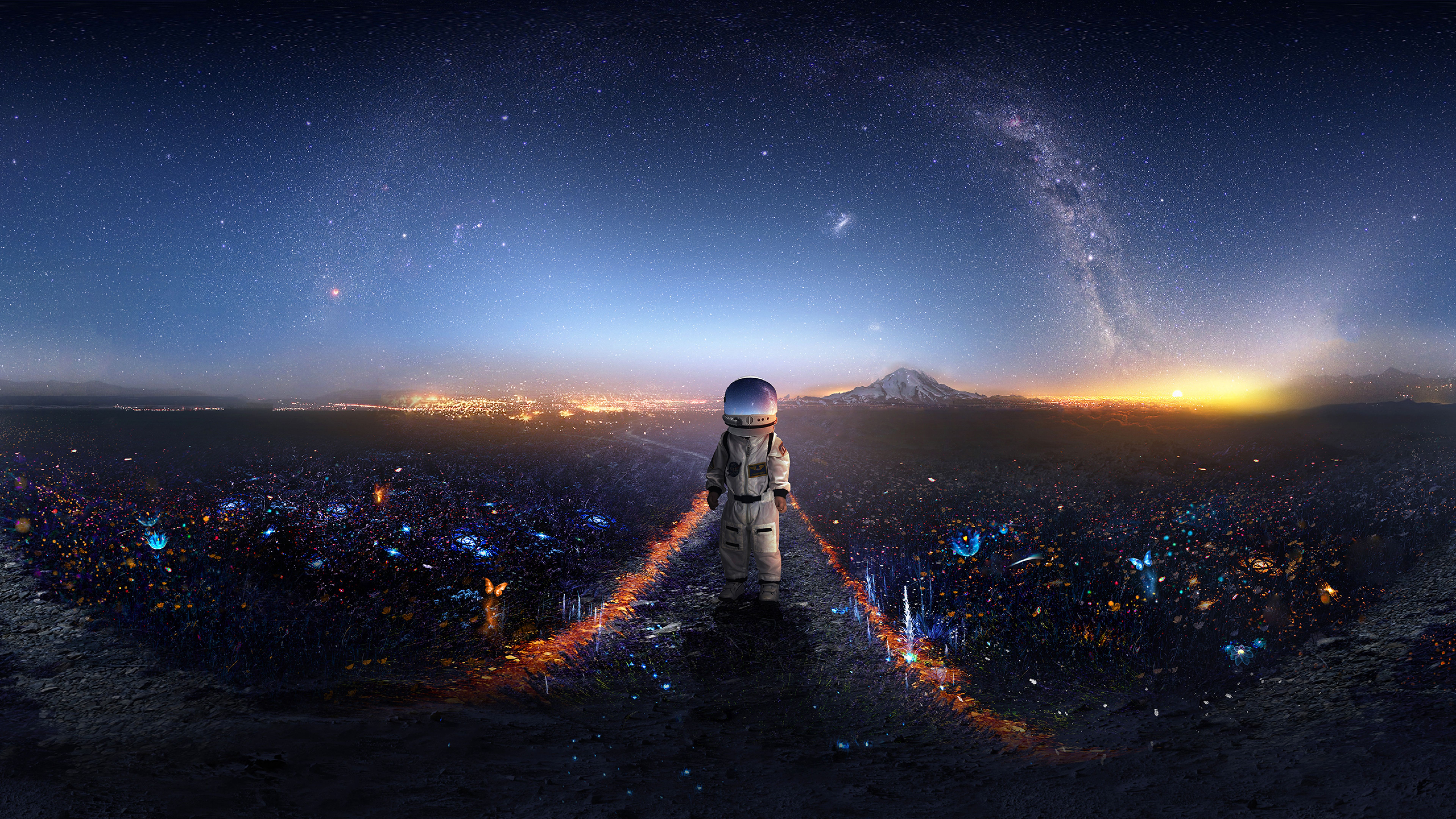 Astronauta su città notturna, 7680x4320 4K, Desktop 4K