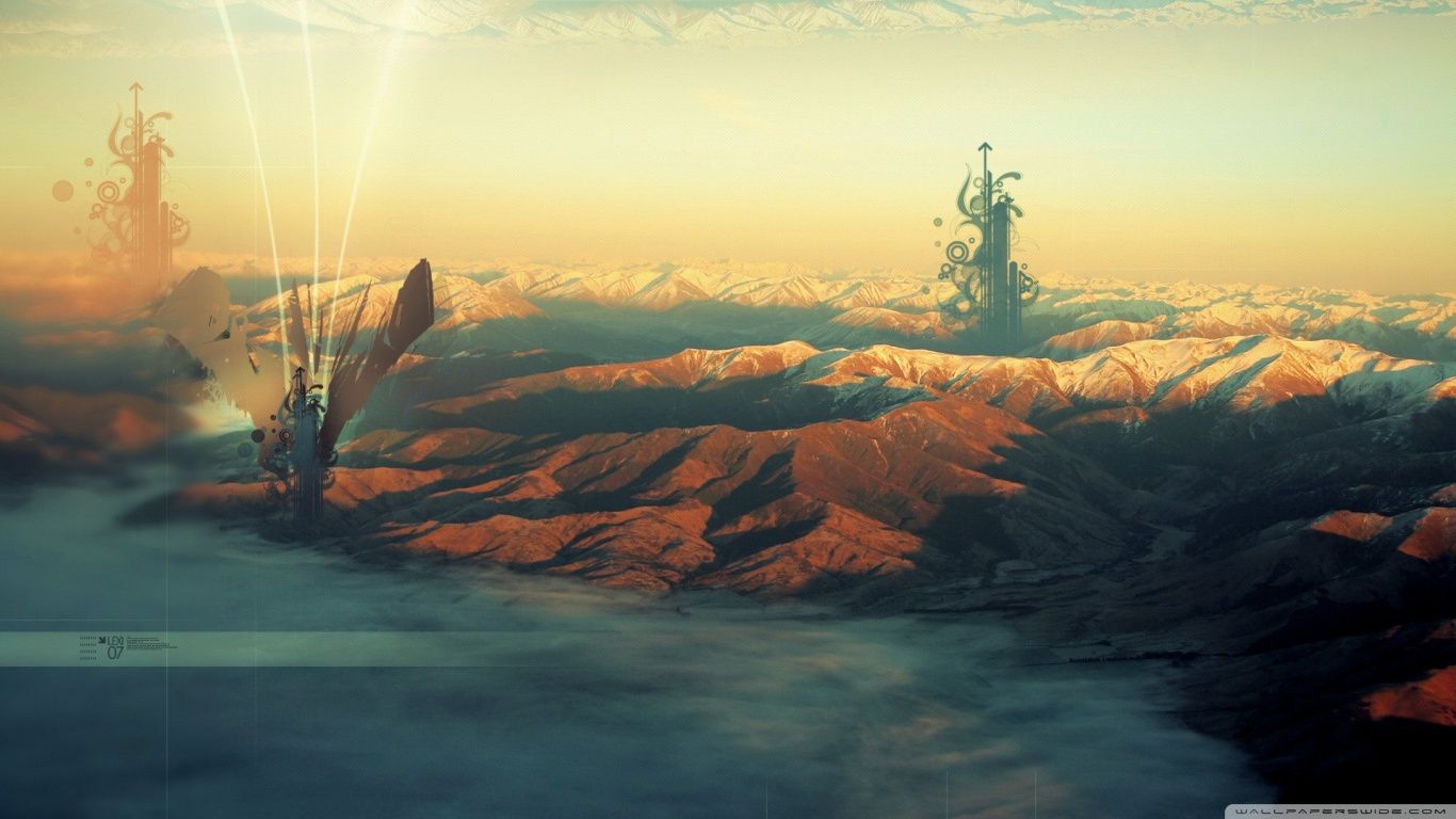 Torri fantasy su montagne al tramonto, 1366x768 HD, Desktop