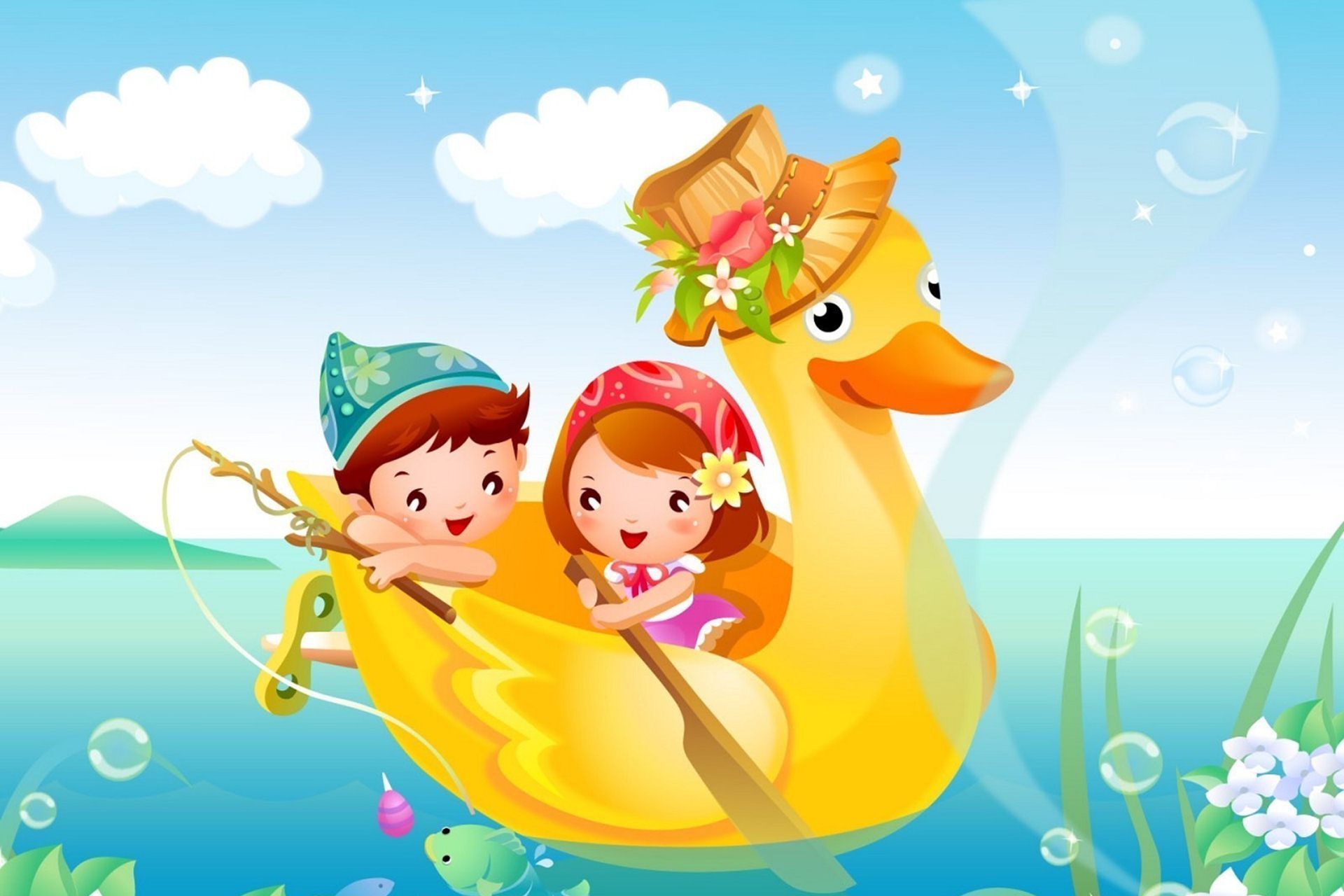 Bambini cartoon su barca papera, 1920x1280 Full HD+ WUXGA, PC Desktop