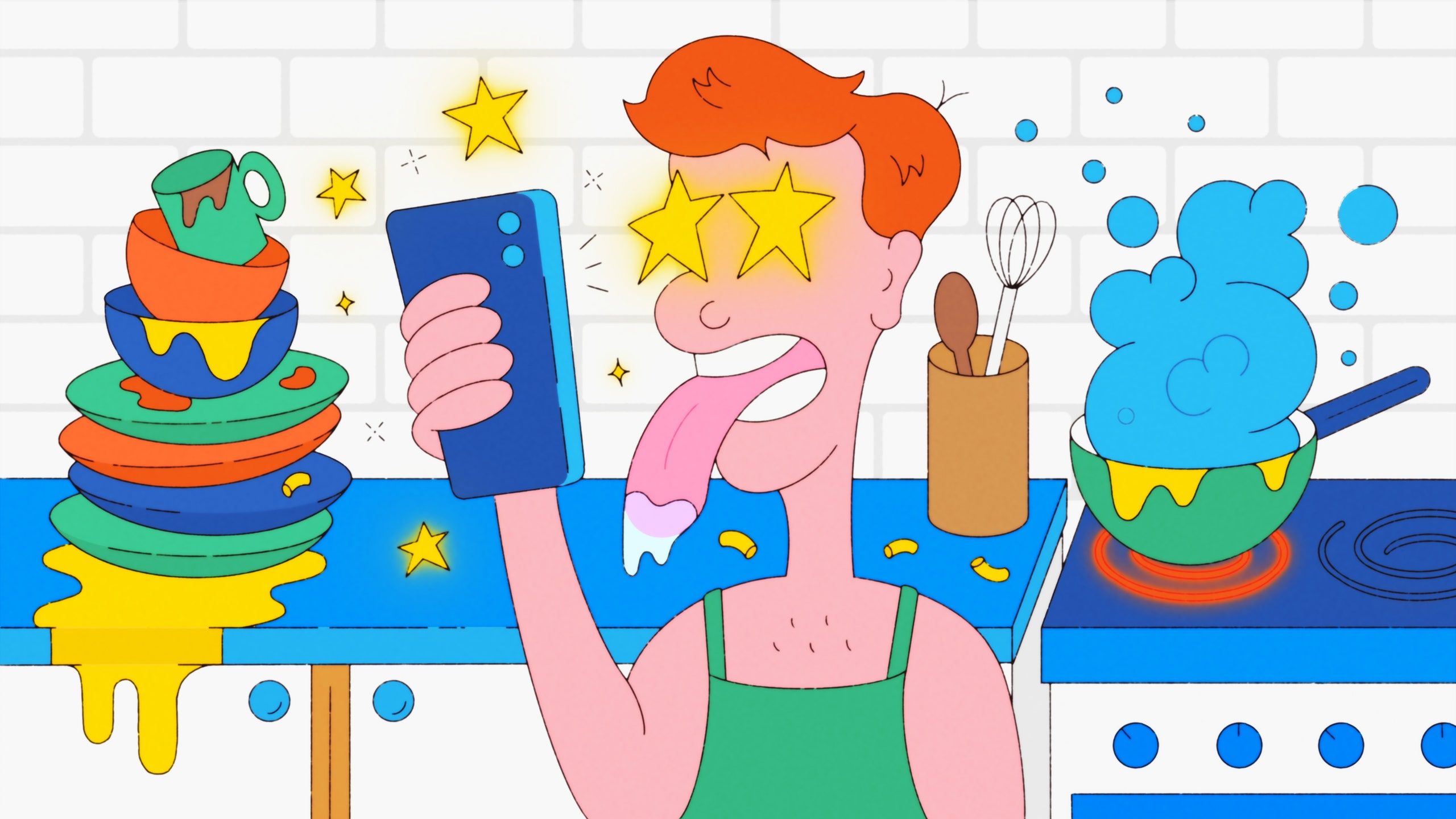 Illustrazione persona guarda cellulare cucina, 2560x1440 2K QHD, PC