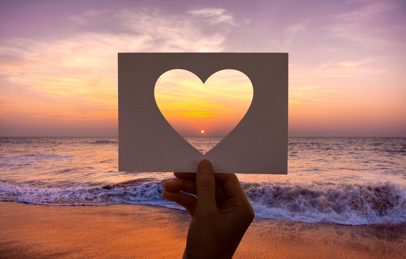 Cuore ritagliato tramonto mare, 1332x850 HD, Desktop