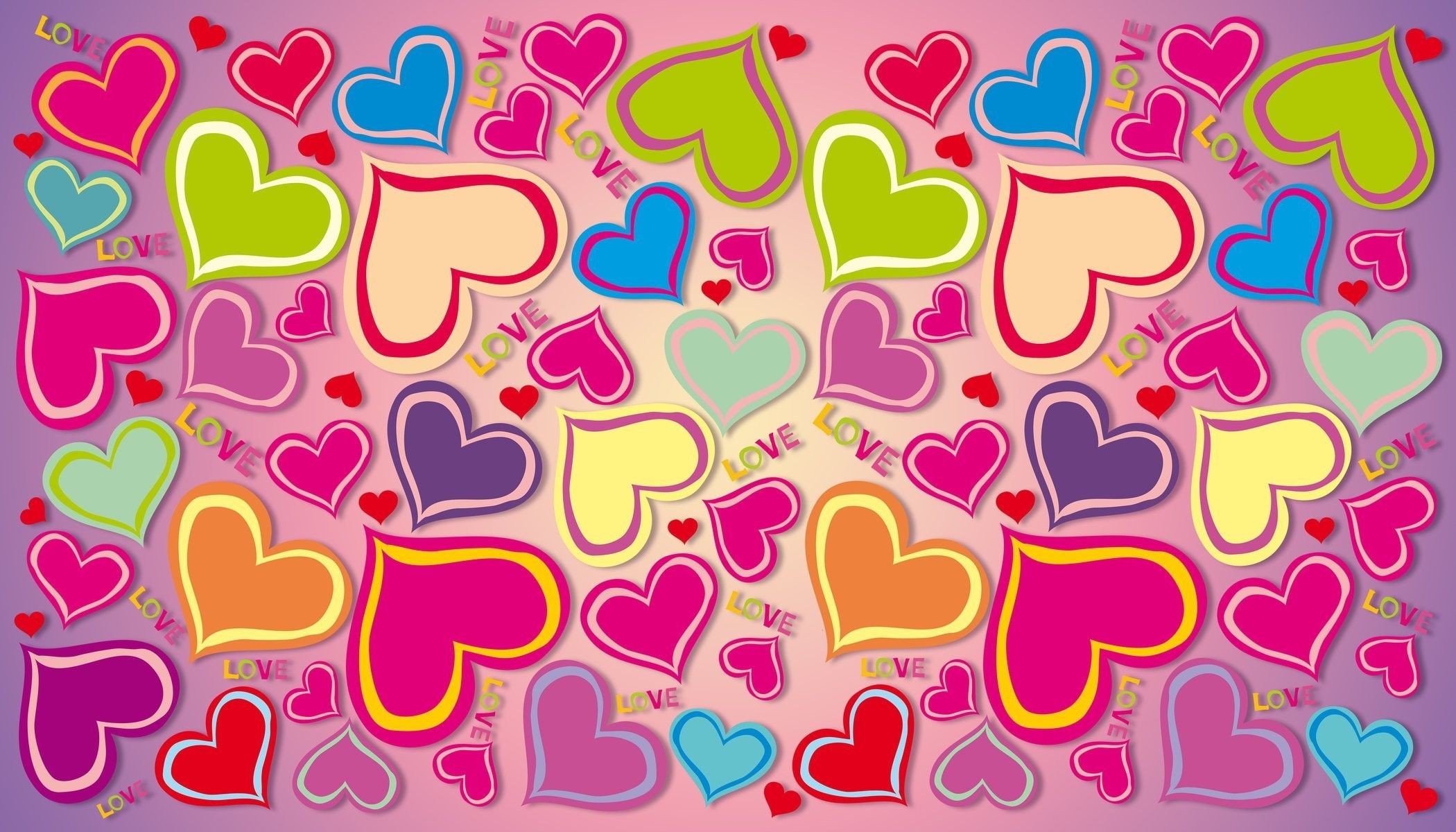 Cuori arcobaleno colorati sfondo rosa, 2100x1200 Hi-Res, PC Desktop