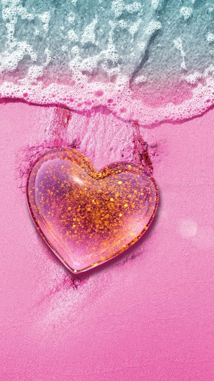 Cuore trasparente su spiaggia rosa, 750x1334 Verticale, Mobile
