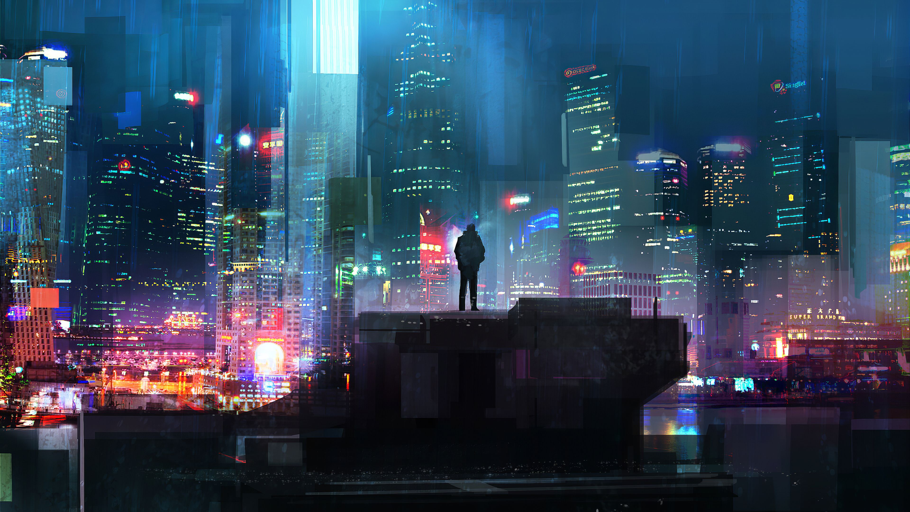 Ragazzo solitario città cyberpunk notturna, 3840x2160 Ultra HD, 4K TV