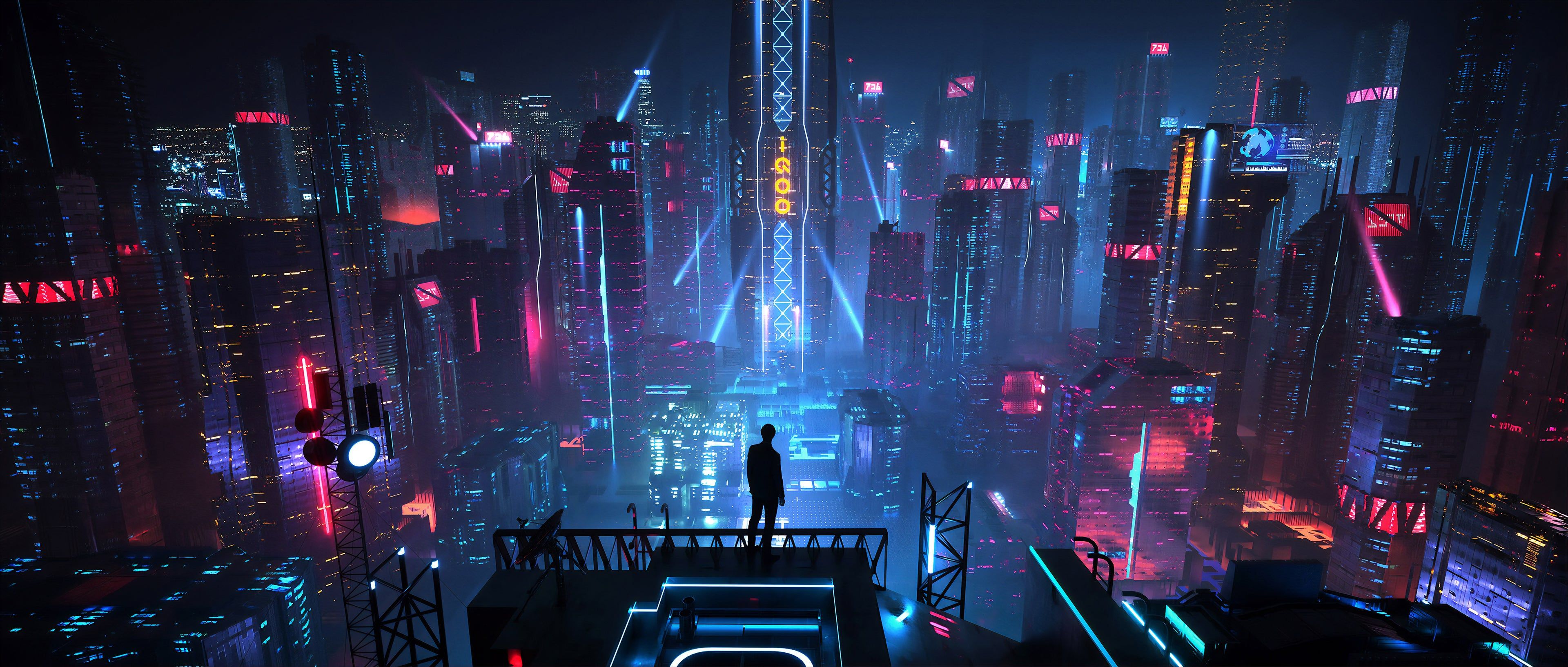 Città cyberpunk notturna neon, 3840x1633 Panoramico, Monitor 4K