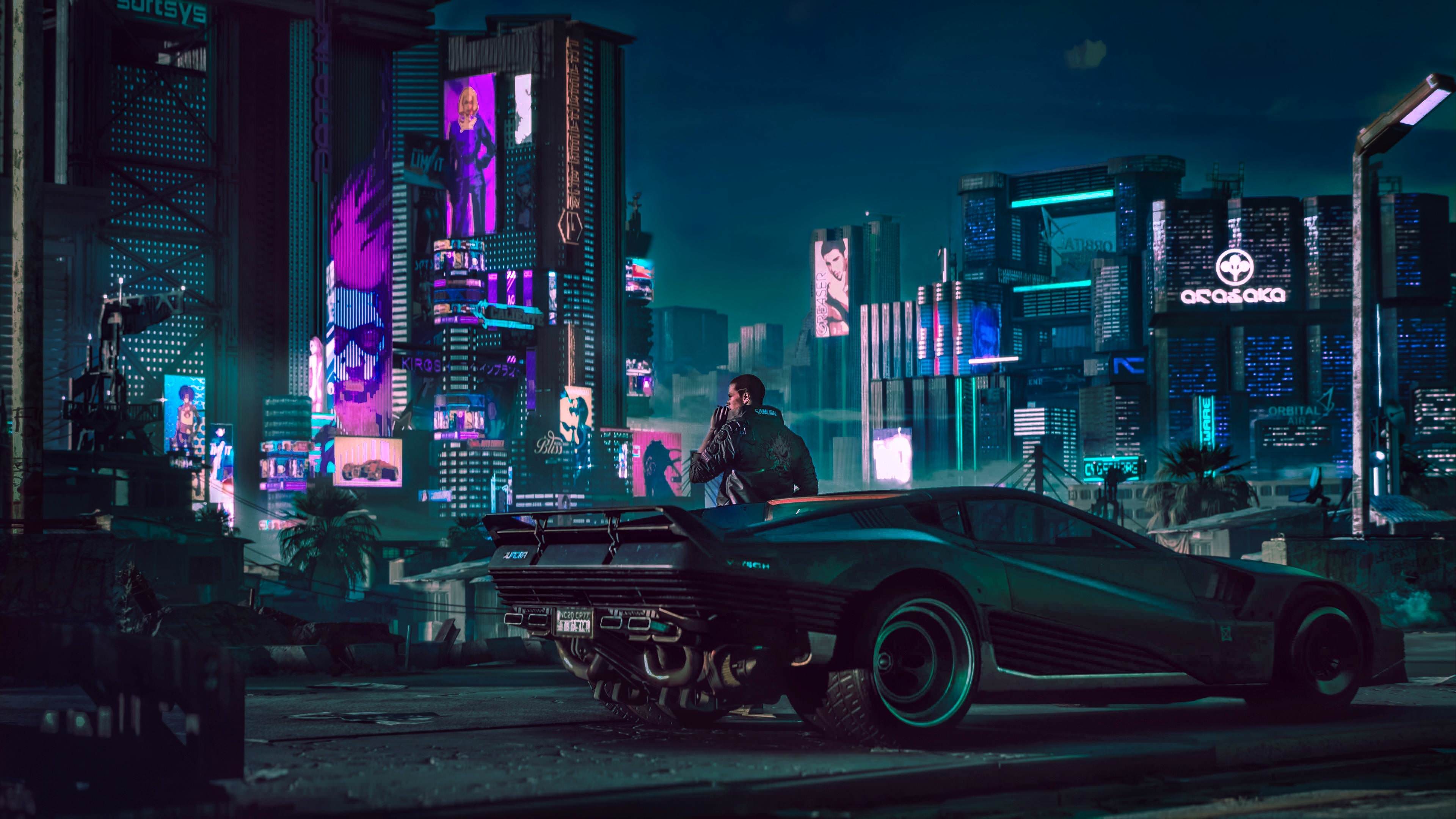 Auto sportiva città cyberpunk notte, 3840x2160 4K, Desktop 4K