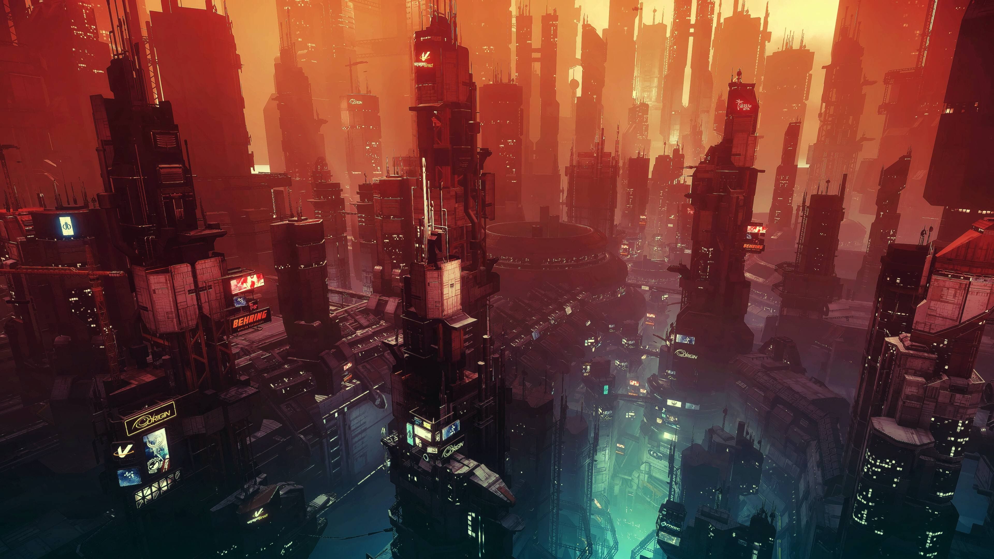 Città cyberpunk arancione notturna, 3840x2160 Ultra HD, 4K TV