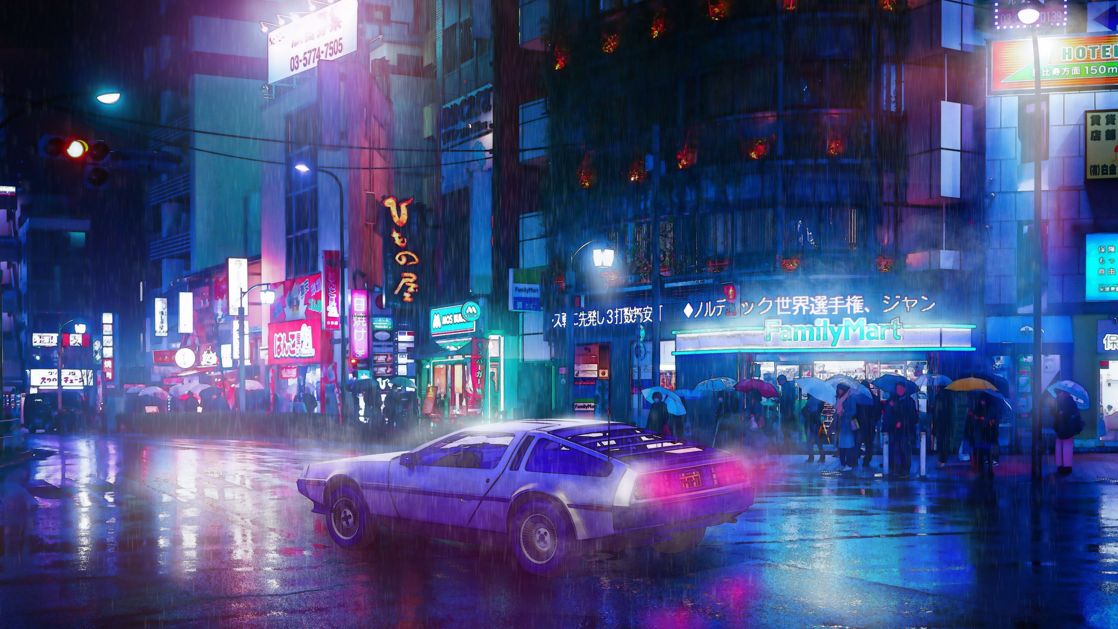 Auto DeLorean strada notturna neon, 3840x2160 4K Ultra HD, Monitor 4K