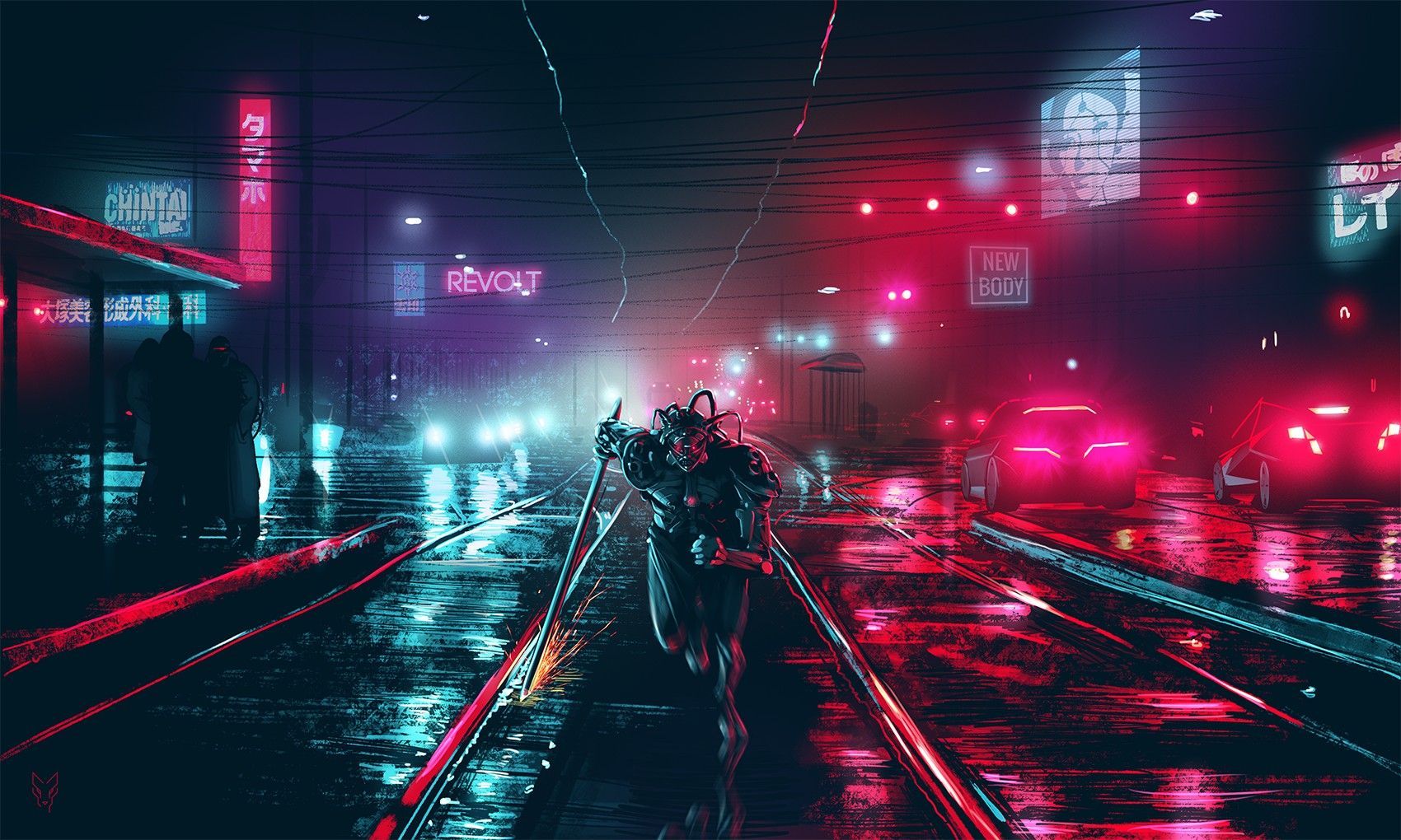 Città cyberpunk notturna piovosa neon, 1700x1020 HD Ready, PC