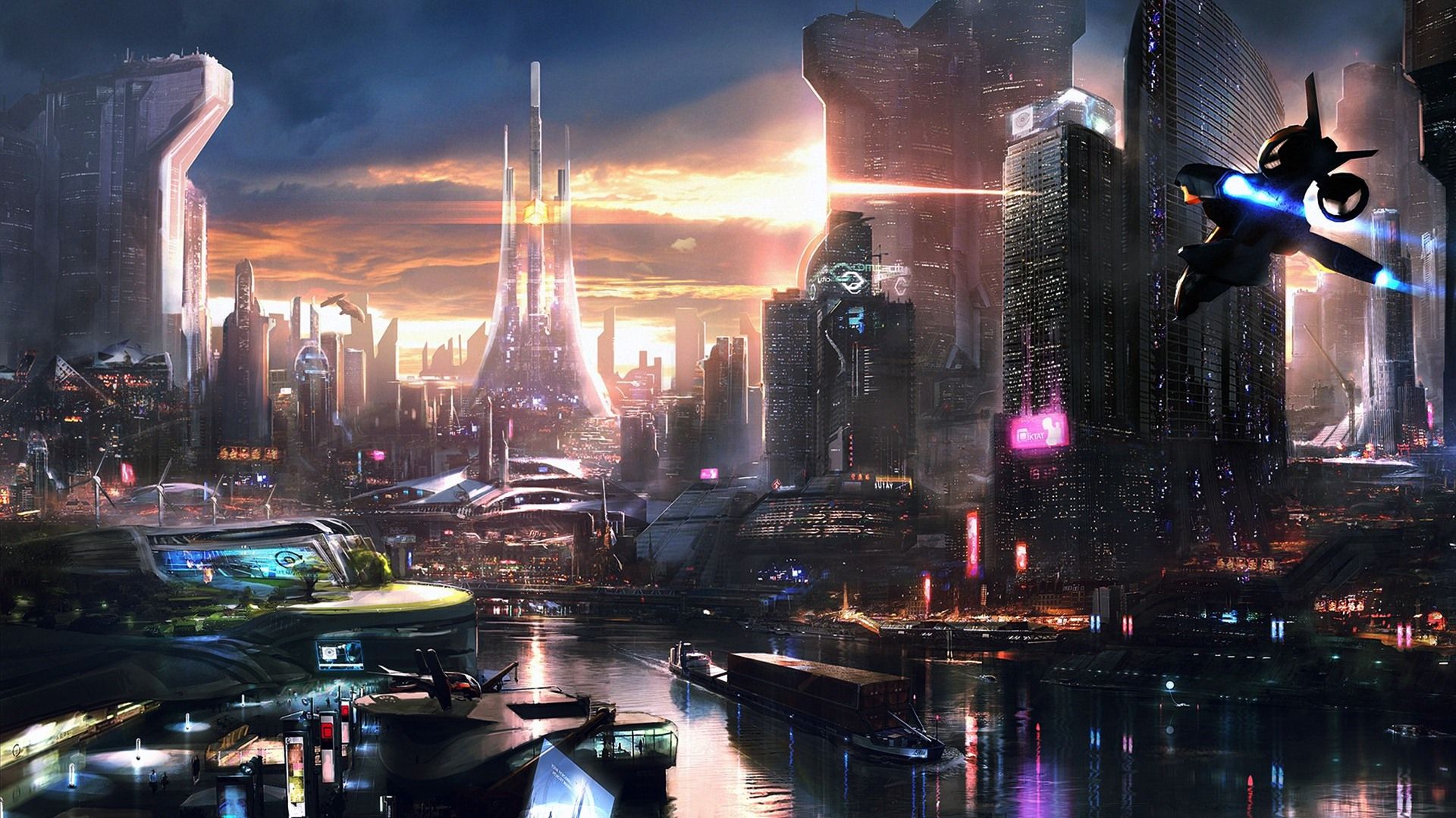 Città futuristica cyberpunk al tramonto, 1920x1080 Full HD, PC Desktop