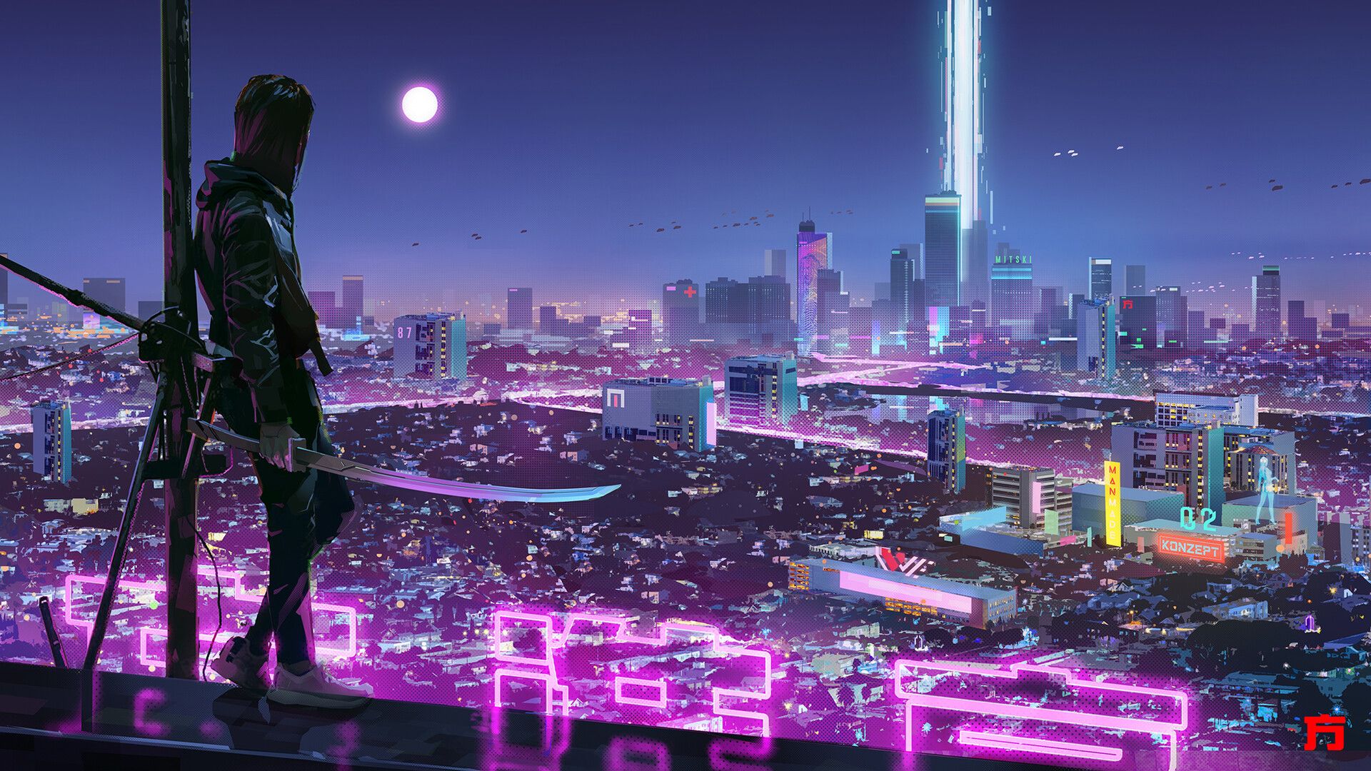 Guerriera su tetto città cyberpunk, 1920x1080 1080p, Laptop