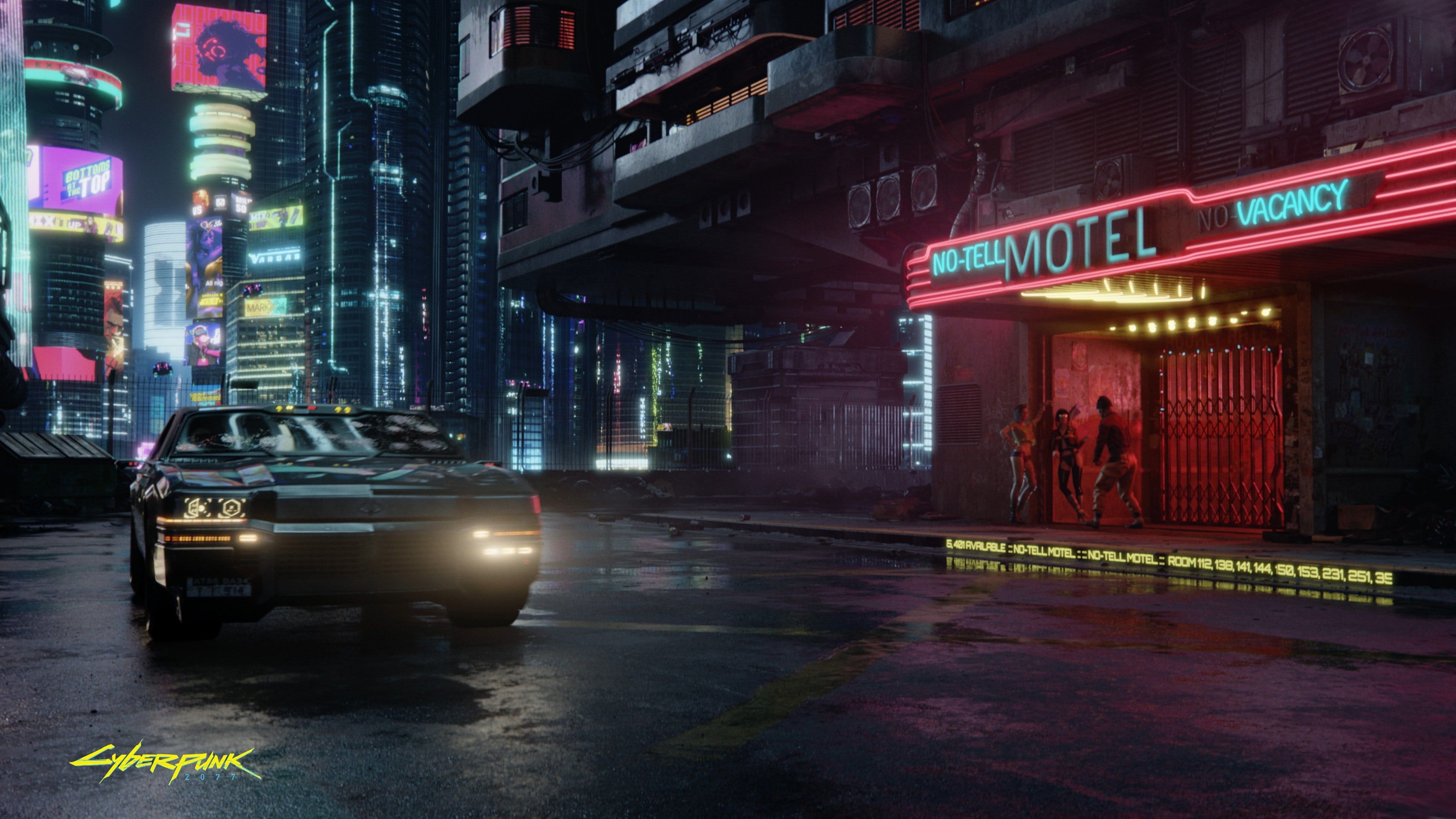 Cyberpunk 2077 auto città notte, 3840x2160 Ultra HD, Monitor 4K