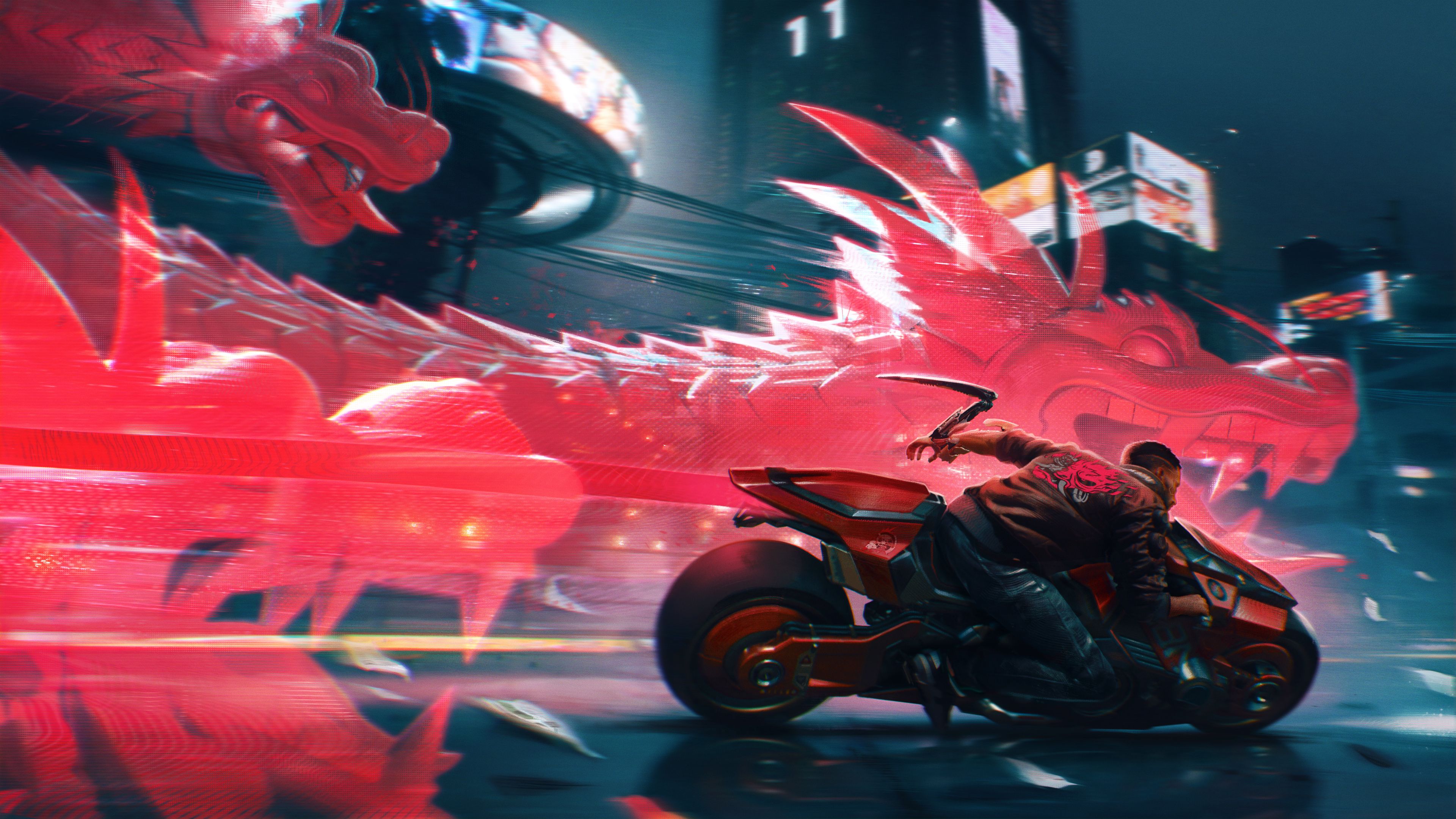 Motociclista con drago rosso cyberpunk, 3840x2160 4K Ultra HD, Monitor 4K