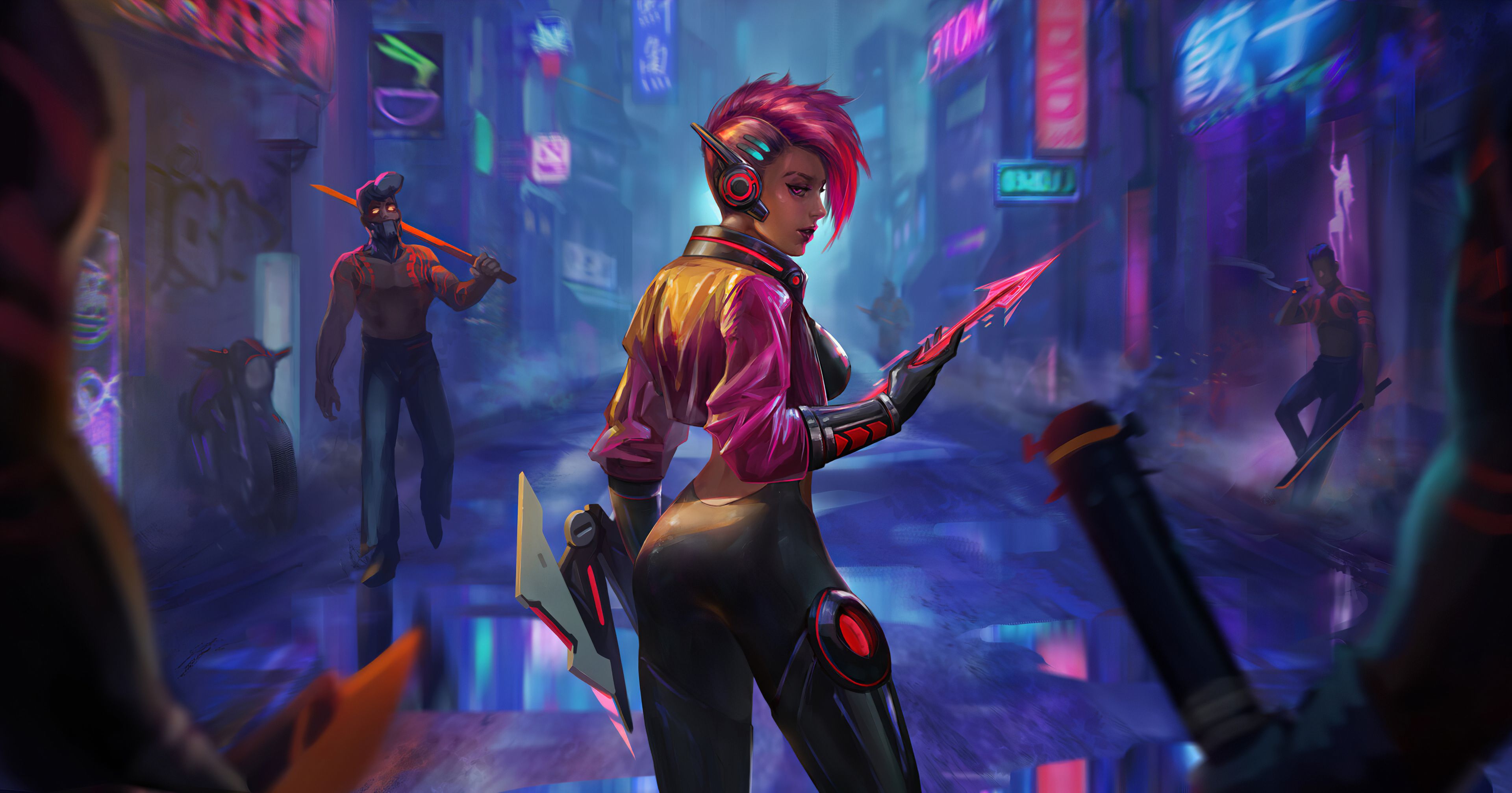 Guerriera cyberpunk capelli rosa neon, 3840x2014 UHD, PC 4K