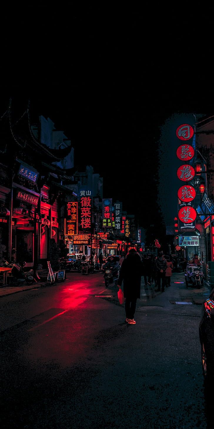 Strada notturna asiatica luci rosse, 728x1456 Verticale, Mobile