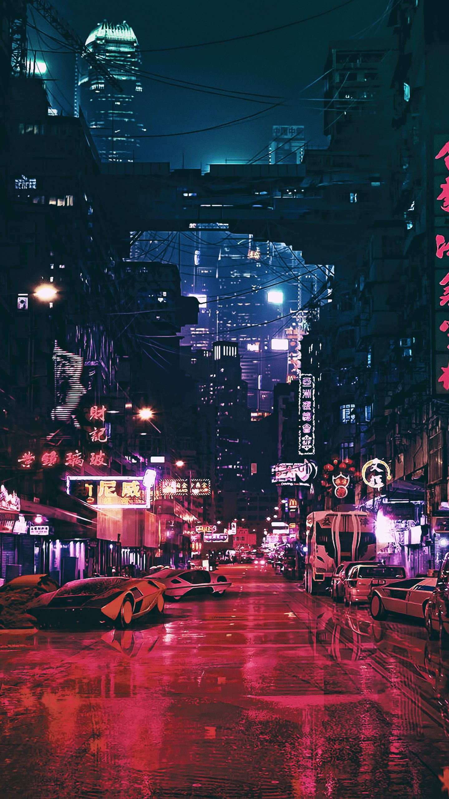 Strada notturna neon città, 1440x2560 Full HD Verticale, Smartphone