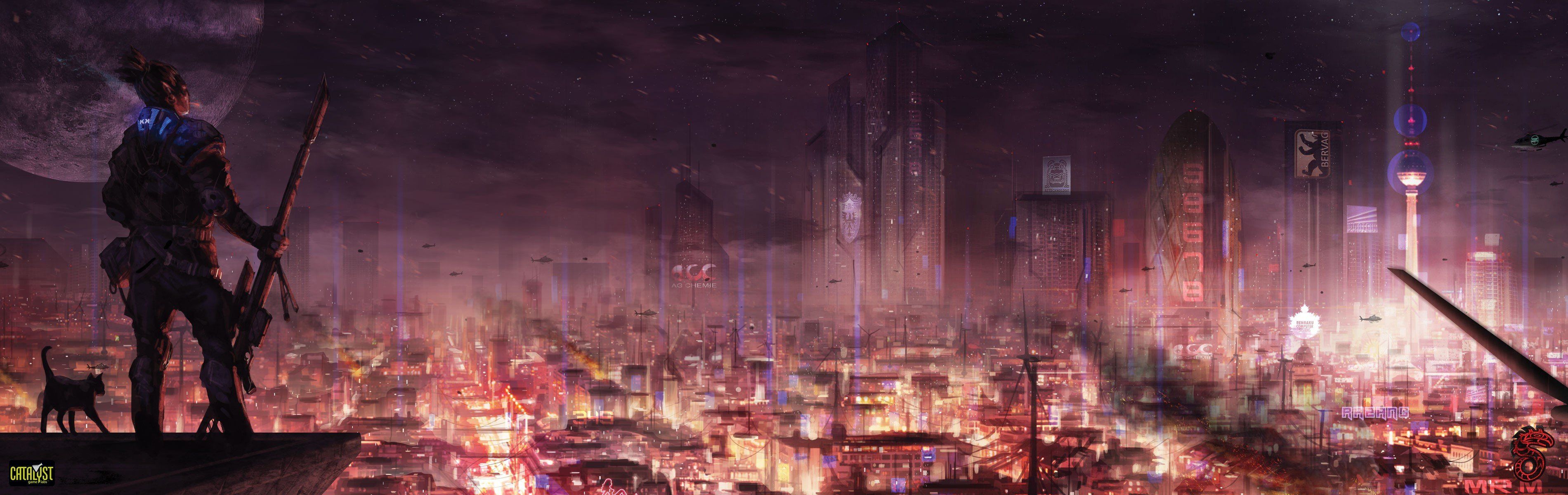 Guerriero cyberpunk su città notturna, 3800x1200 Ultrawide, Dual Monitor