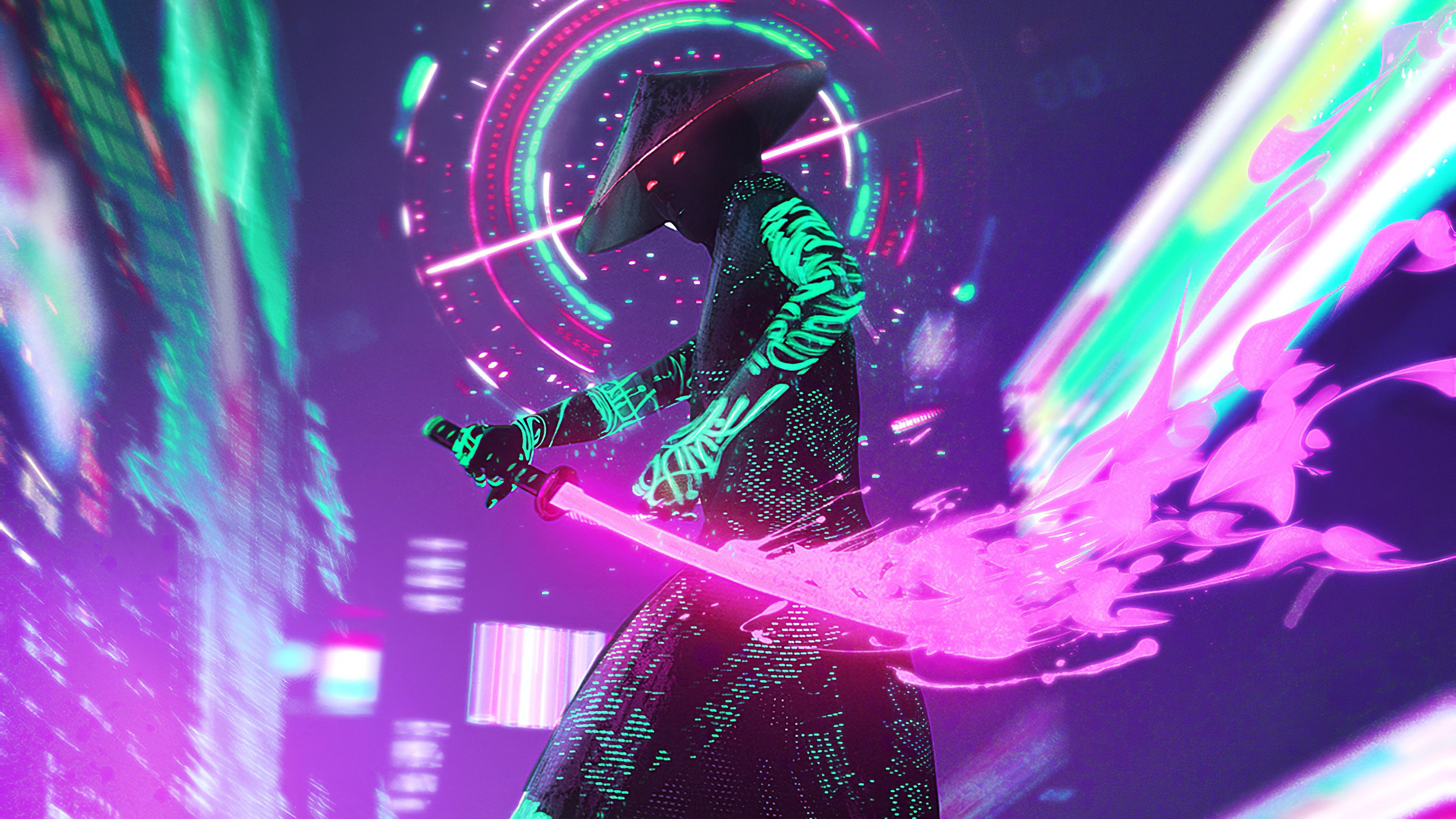 Samurai neon cyberpunk katana, 3840x2160 4K, Monitor 4K