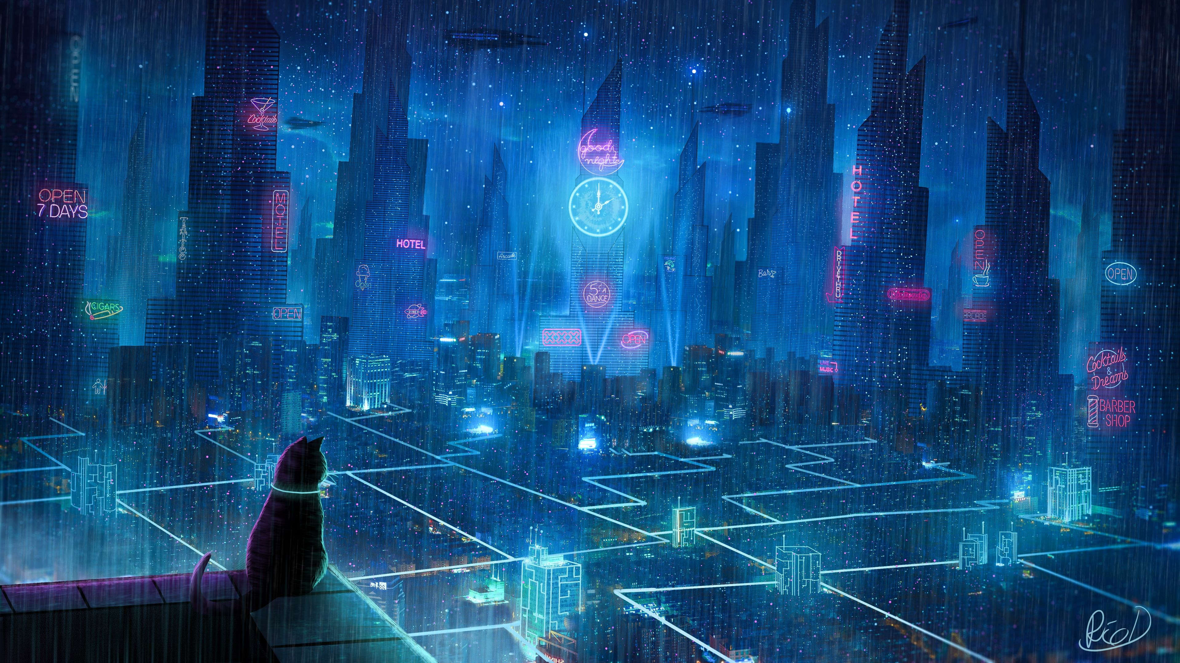 Gatto su tetto città neon, 3840x2160 UHD, PC 4K