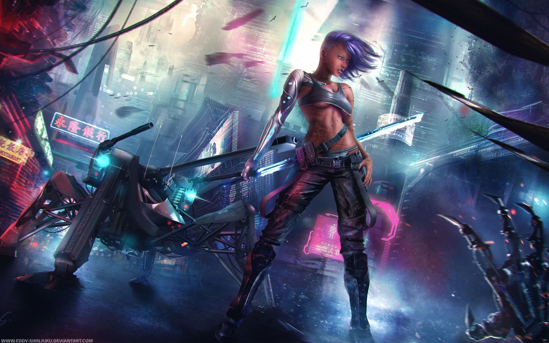 Ragazza cyberpunk con spada, città, 1920x1200 Full HD+, Laptop