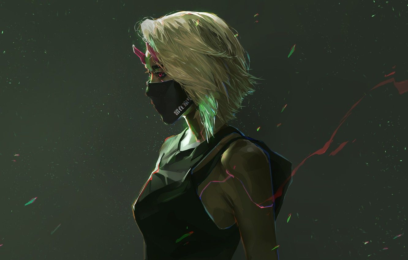 Donna bionda maschera cyberpunk, 1332x850 HD, Desktop