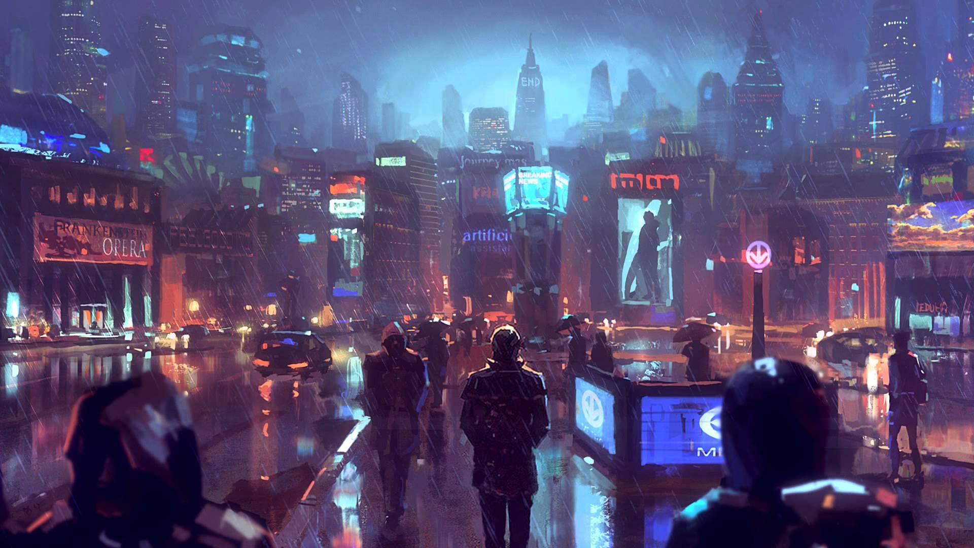 Città cyberpunk notturna piovosa, 1920x1080 Full HD, Desktop
