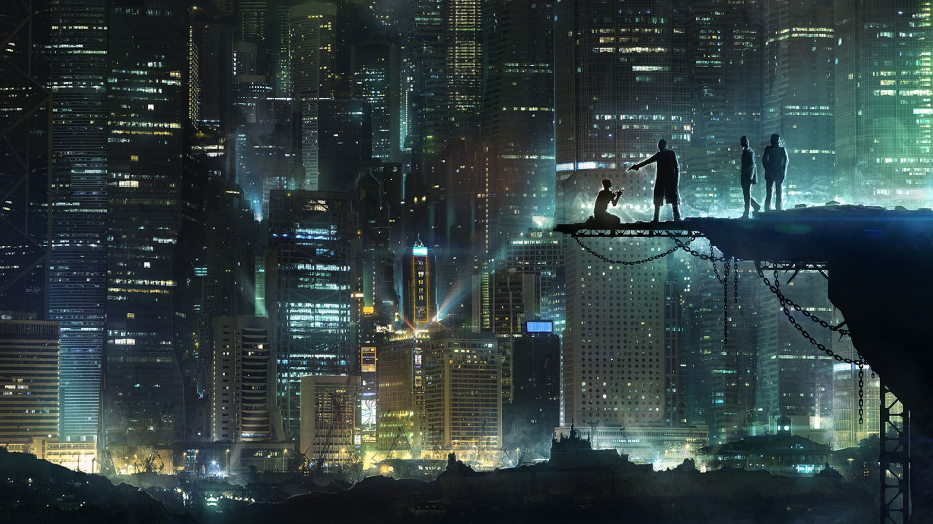 Città cyberpunk notturna con silhouette, 1920x1080 Full HD, PC