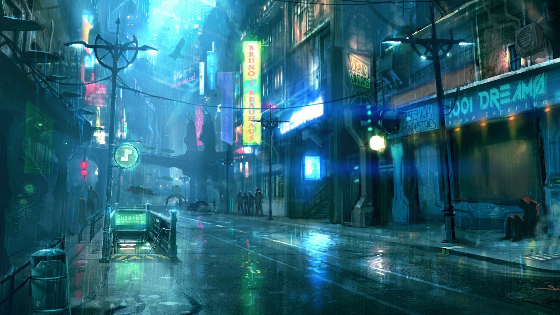 Strada cyberpunk piovosa neon, 1920x1080 Full HD, PC