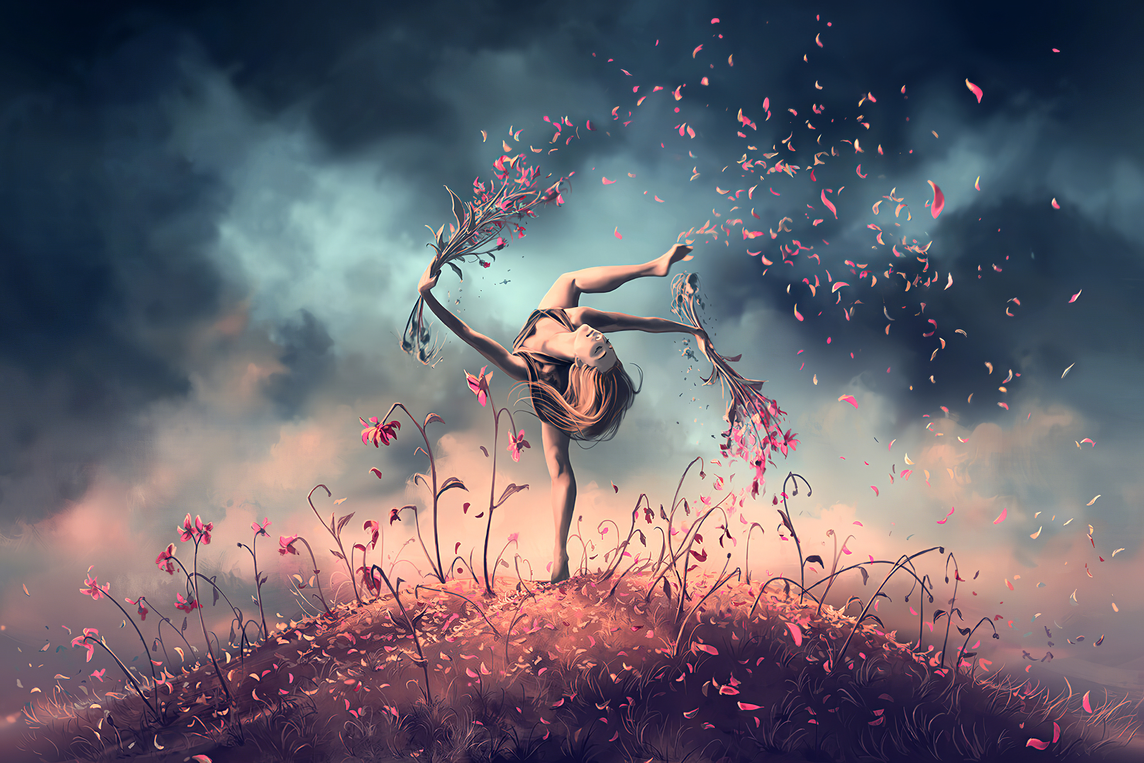 Ballerina con petali su collina, 3840x2560 4K, Desktop 4K