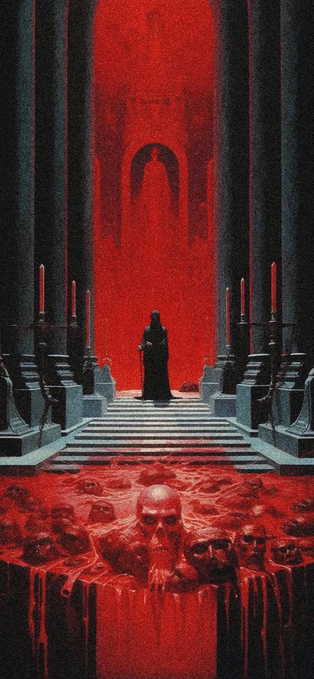 Figura oscura tra teschi rossi, 640x1384 Full HD Verticale, iPhone