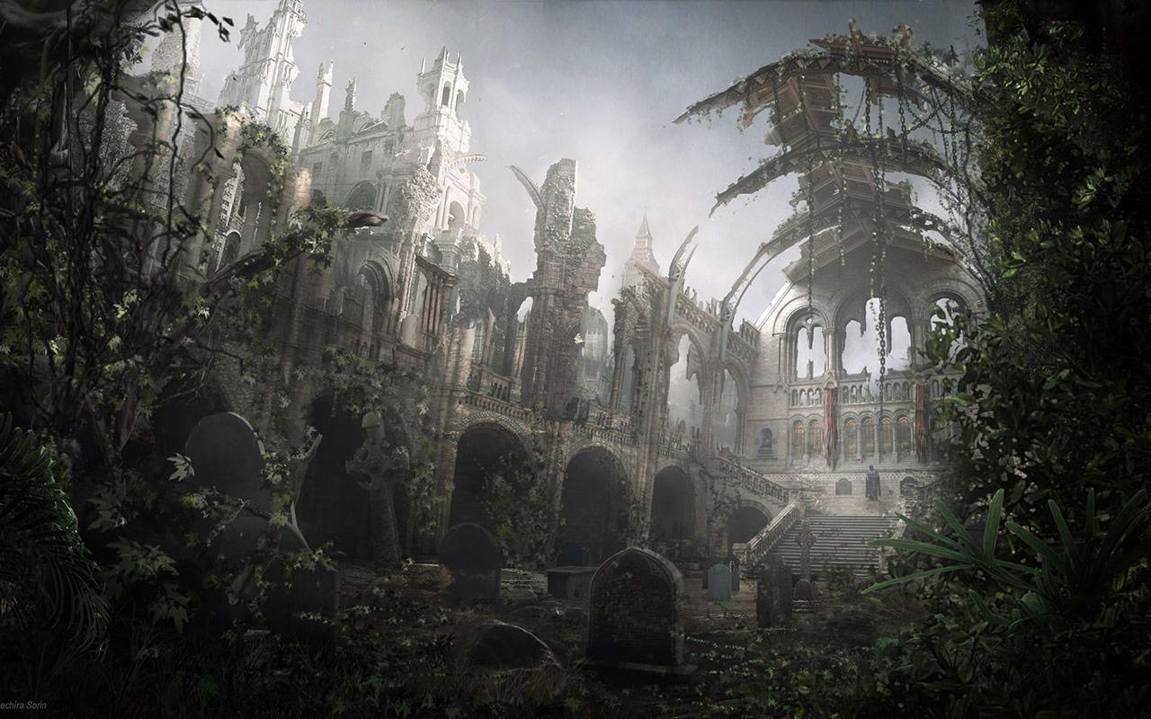 Cimitero rovine gotiche nebbia, 1280x800 HD, Desktop
