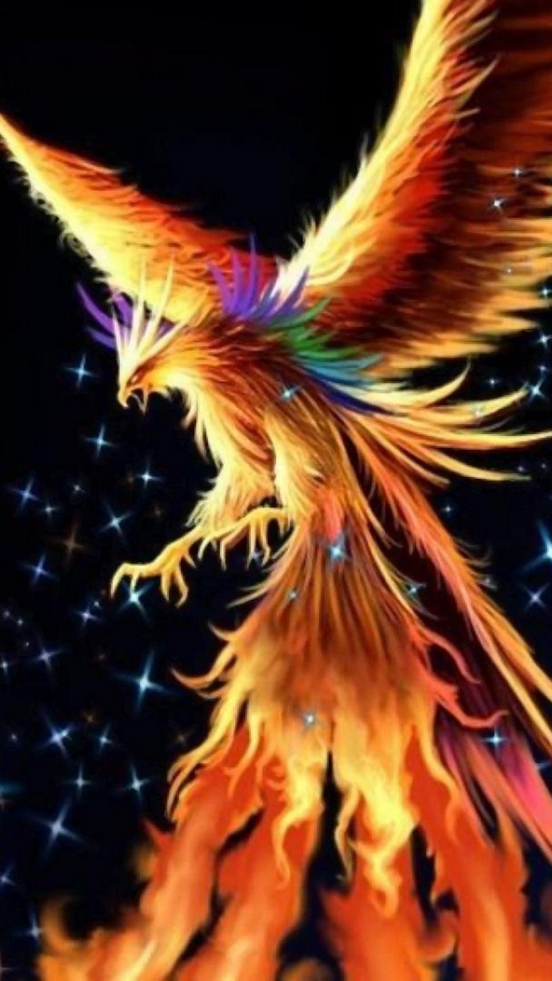Fenice fiammeggiante arancione notte, 1080x1920 Verticale, Mobile