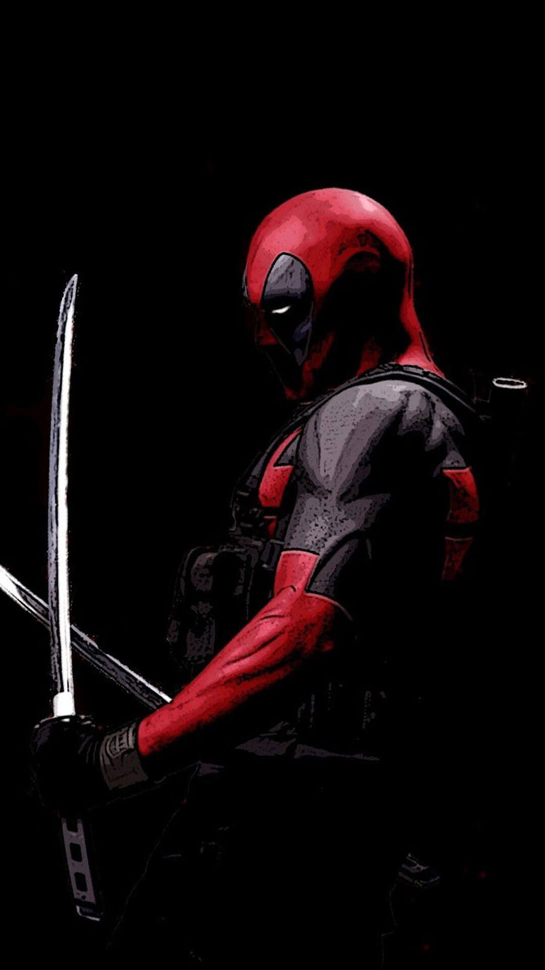Deadpool con katana, sfondo scuro, 1080x1920 Verticale, Samsung Galaxy