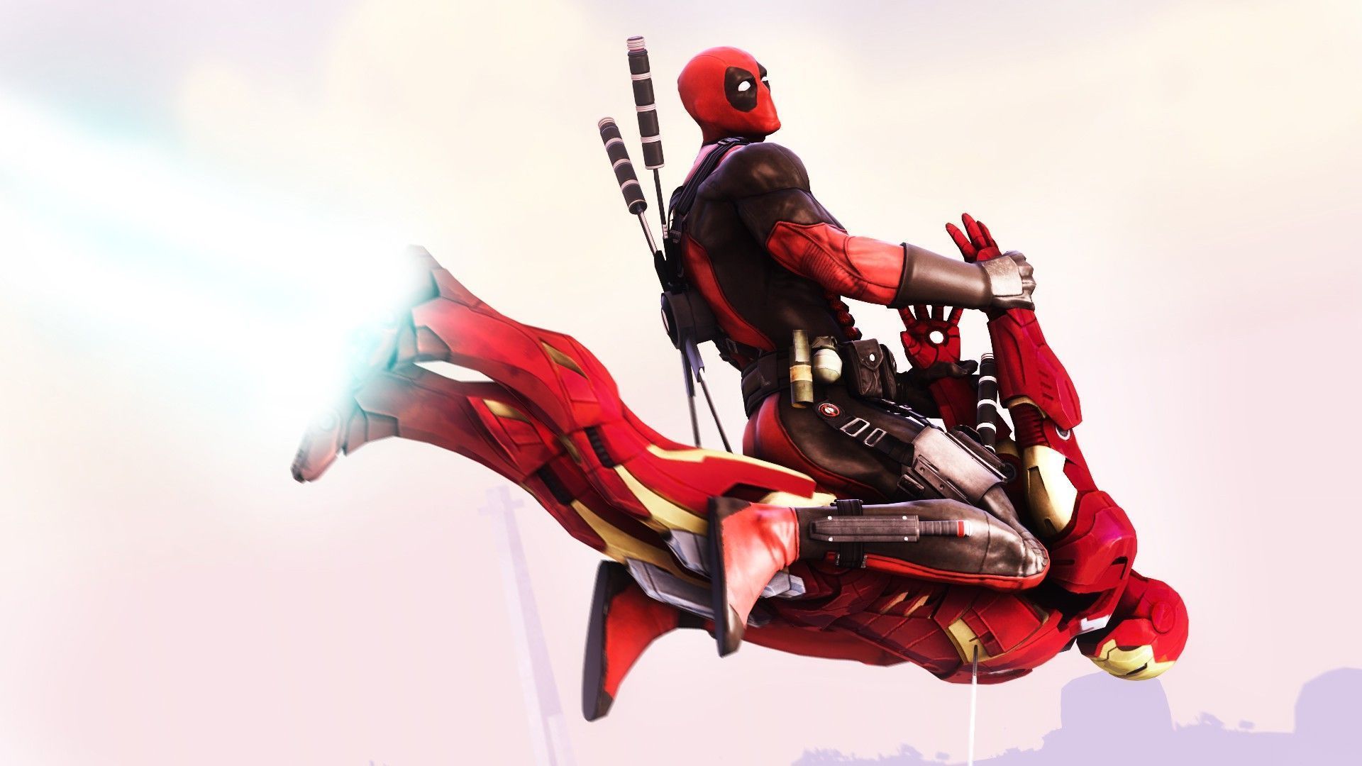 Deadpool cavalca Iron Man, Tony Stark, 1920x1080 Full HD 1080p, Desktop