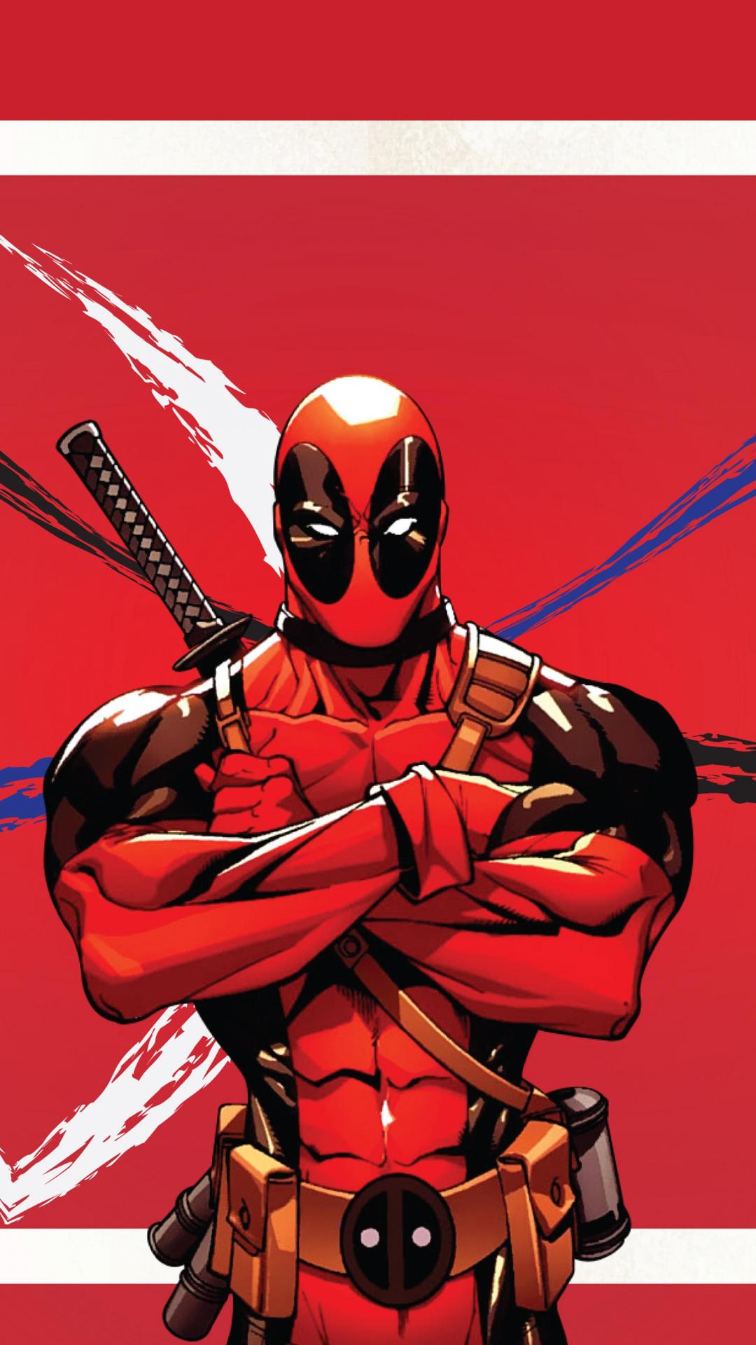 Deadpool con katane sfondo rosso, 1080x1920 Verticale, iPhone