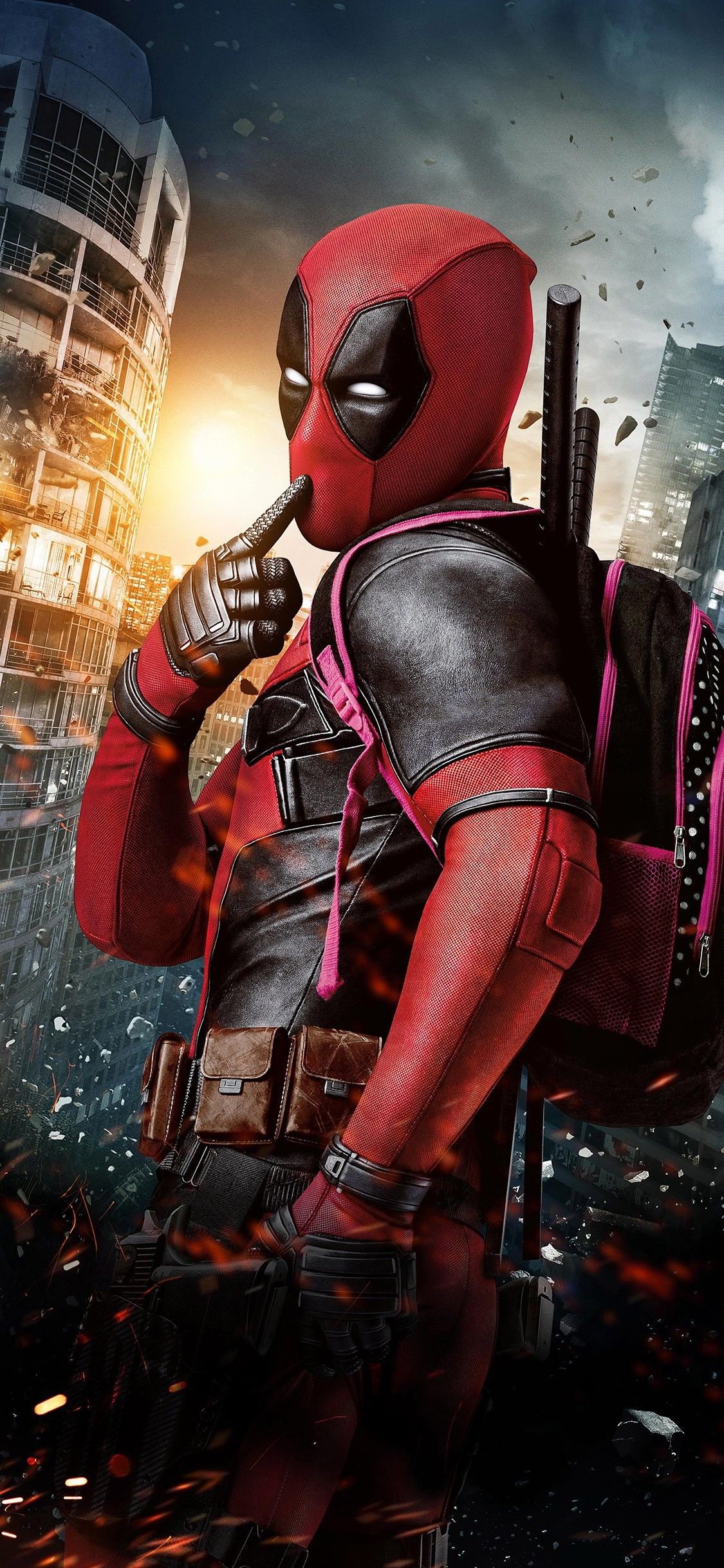 Deadpool con pistole città, 1125x2436 Verticale, iPhone Pro