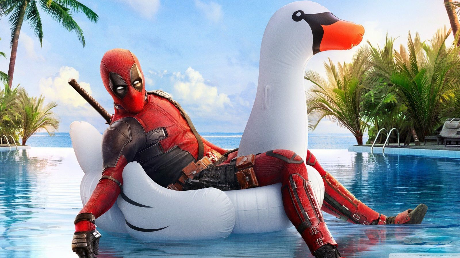 Deadpool su cigno gonfiabile piscina, 1600x900 HD, Desktop