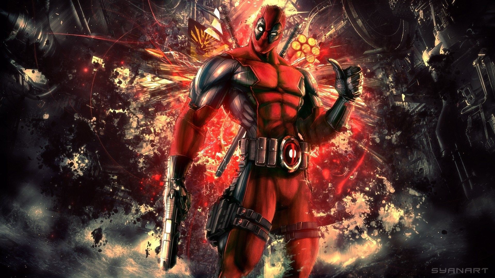 Deadpool con esplosione rossa, Marvel, 1920x1080 Full HD, Desktop