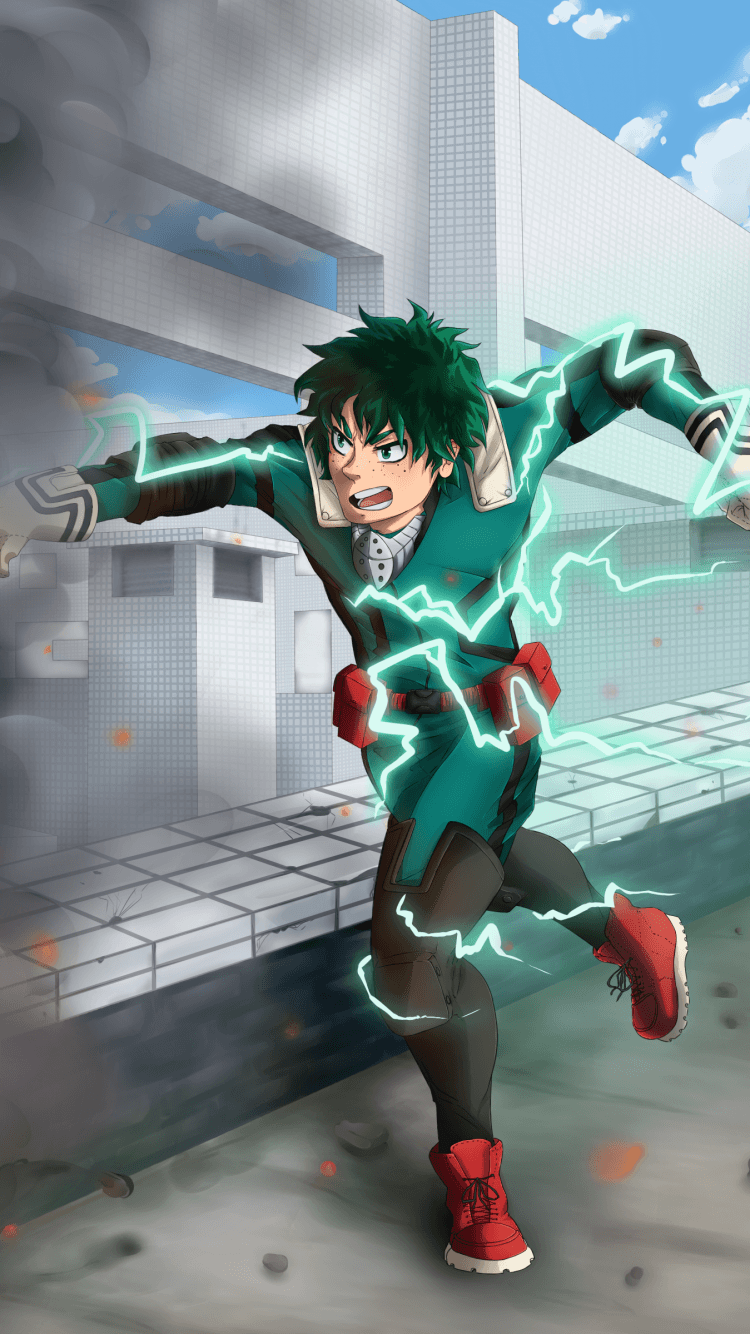 Deku Midoriya con elettricità verde, My Hero Academia, 750x1334 Verticale, Mobile