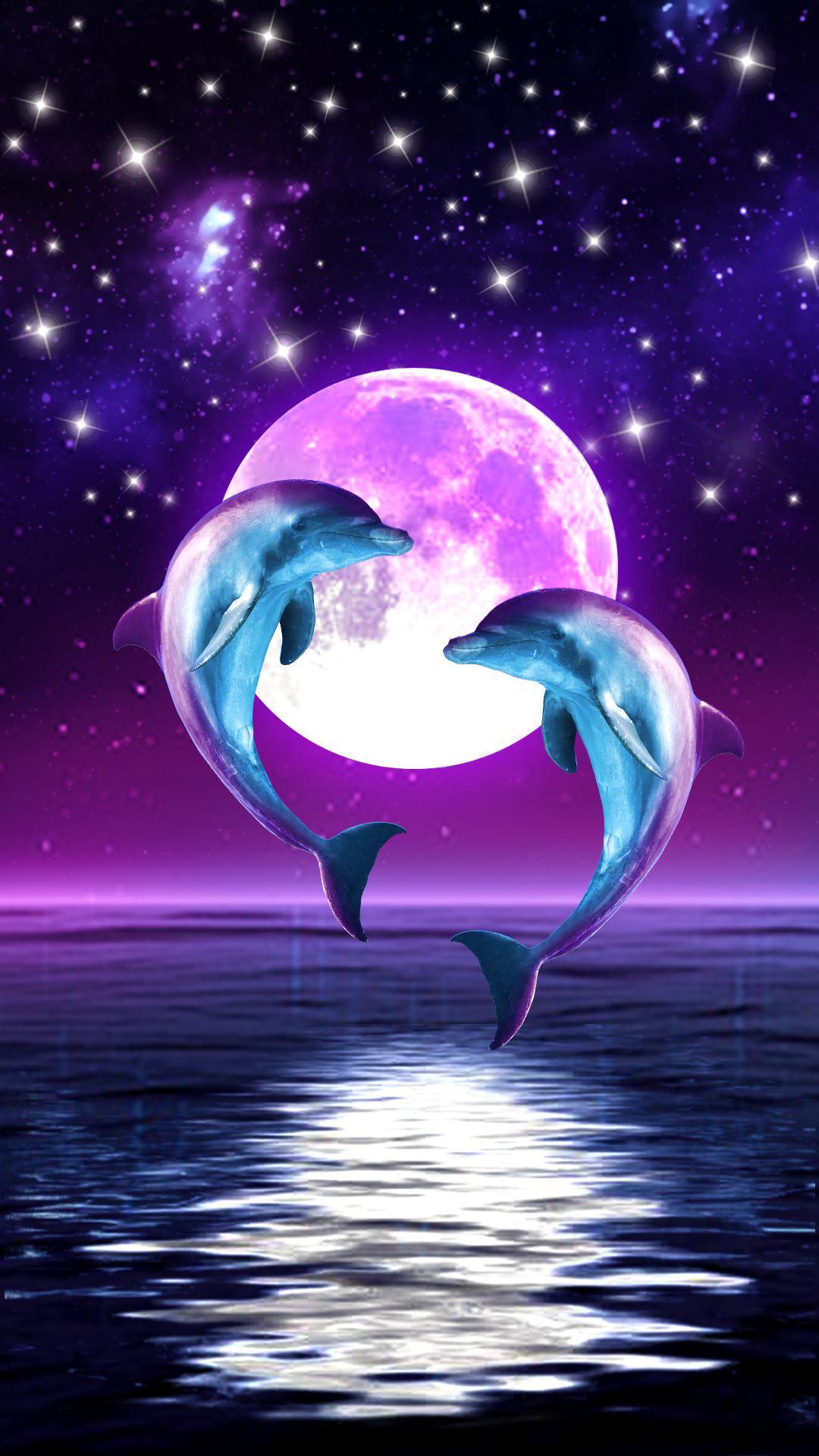Delfini saltano sotto luna, 1080x1920 Full HD Verticale, iPhone