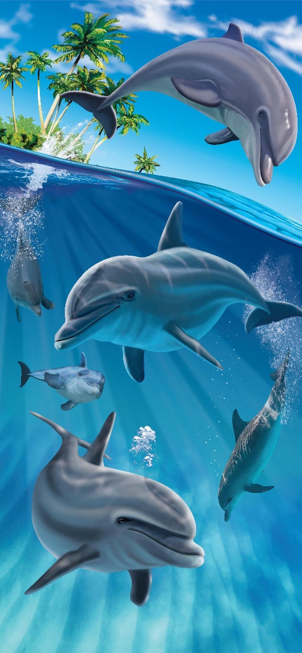 Delfini oceano isola tropicale, 1284x2778 Verticale, Mobile