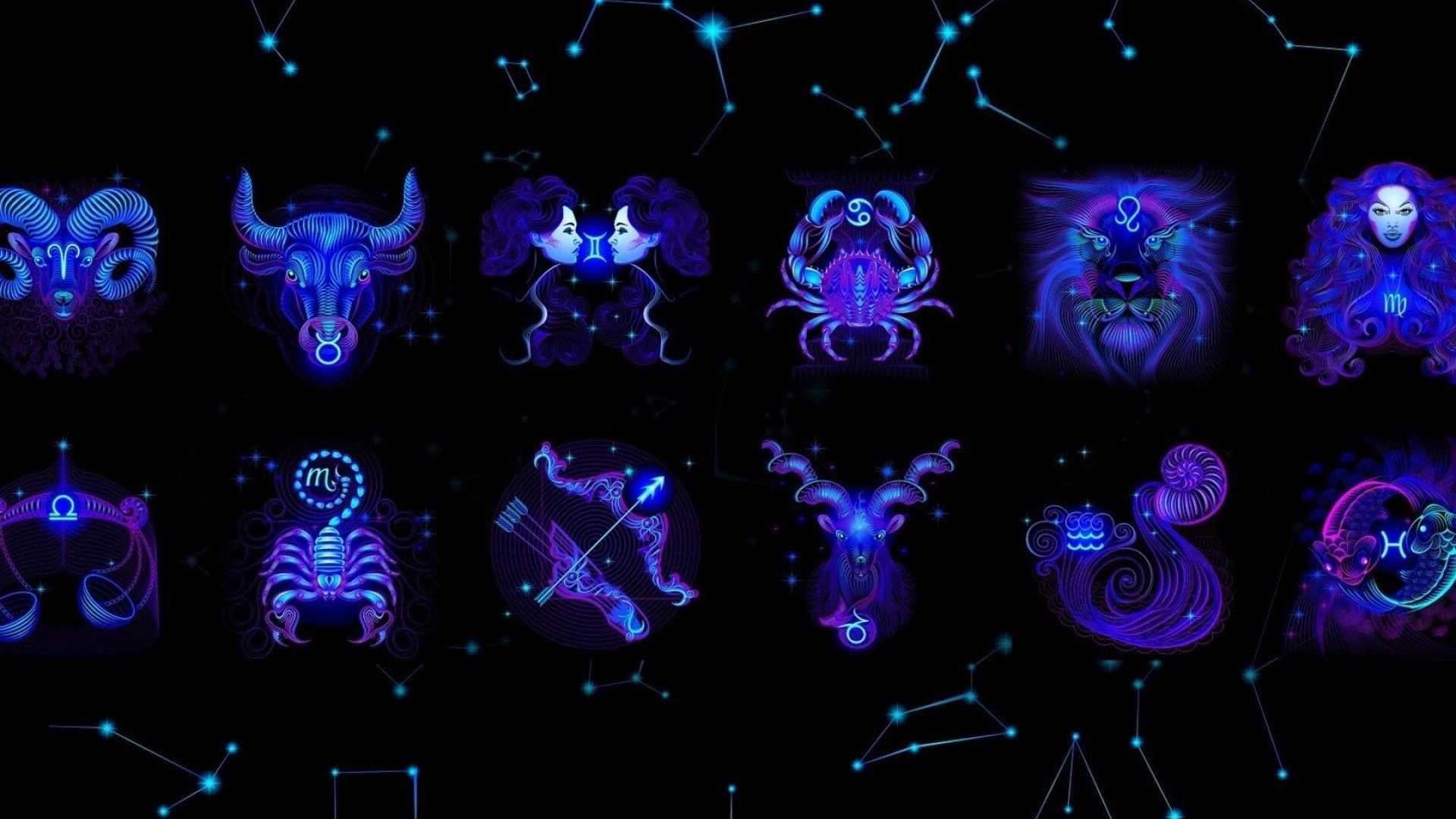 Simboli zodiacali al neon blu, 1920x1080 1080p, Laptop
